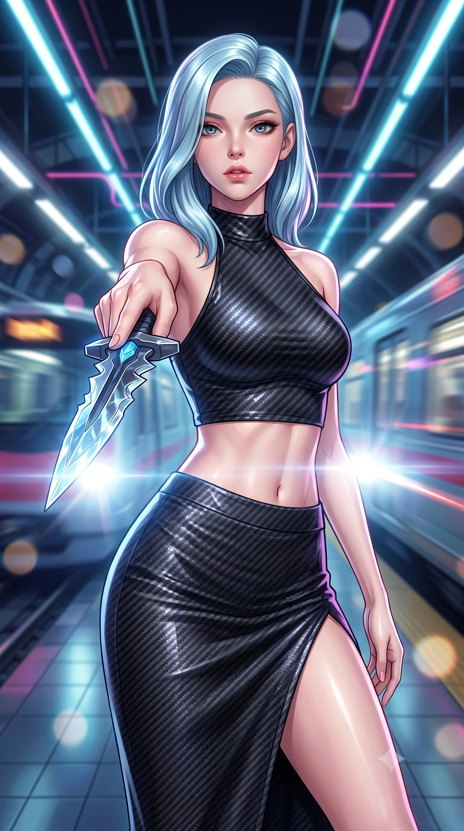 score_9, masterpiece, best quality, ultra-detailed, high-budget anime keyframe, editorial fashion photography, tasteful artistic composition, Korean woman. close-up cowboy shot from the waist and thighs up, the character dominates the composition, filling the frame with her large presence, background elements kept in soft focus. pointing a crystal-edged laser dagger forward in a defensive stance, tilting her chin up slightly with lips parted in a composed pose, the background shows a soft-focus a subterranean transit station with neon lane markers and moving hyper-trains. She has an exceptionally elegant, slender, and willowy female figure with an ultra-slim waist, a gracefully sculpted slender torso, and a refined silhouette. sharp v-shaped jawline, high-bridge nose, intricate jewel-like eyes with depth, thick eyelashes, glossy lips with a natural sheen. wearing a slim-fit carbon-fiber halter-neck crop top paired with a matching high-slit midi skirt, revealing her slim waist. intermittent bright white headlight beams flashing across her athletic form. highly saturated vibrant anime colors, detailed shading with soft gradients, rich glossy textures, high-contrast stereoscopic depth, volumetric dynamic lighting, master piece, 9:16 ratio