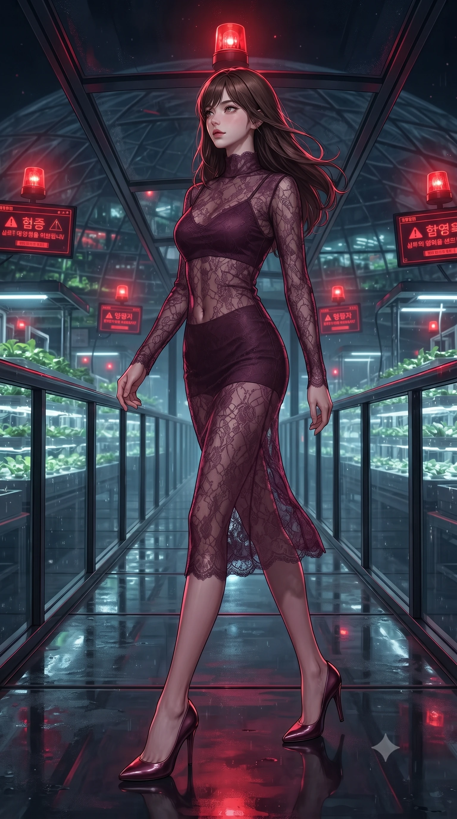 score_9, masterpiece, best quality, ultra-detailed, high-budget anime keyframe, editorial fashion photography, tasteful artistic composition, Korean woman. low angle full-body shot from head to toe showing her feet, filling the entire 9:16 vertical frame with her statuesque presence, stretching her vertical silhouette. walking slowly along a glass skybridge, looking back over her shoulder with an air of effortless grace, the background shows a soft-focus a greenhouse control dome with warning screens and warning lights at night. She has an absolutely perfect, statuesque 8.5-heads proportion, an exceptionally tall and slender model-like female figure with impossibly long slender legs and an ultra-slim waist. sharp v-shaped jawline, high-bridge nose, intricate jewel-like eyes with depth, thick eyelashes, glossy lips with a natural sheen. wearing a body-hugging sheer lace slip dress in deep plum, showing a glimpse of her delicately sculpted midriff. pulsing red emergency warning beacons casting high-contrast dramatic shadows. ultra-reflective glossy finish, specular highlights, metallic sheen, high-contrast stereoscopic depth, volumetric dynamic lighting, 2k, ultra detail, master piece, 9:16 ratio