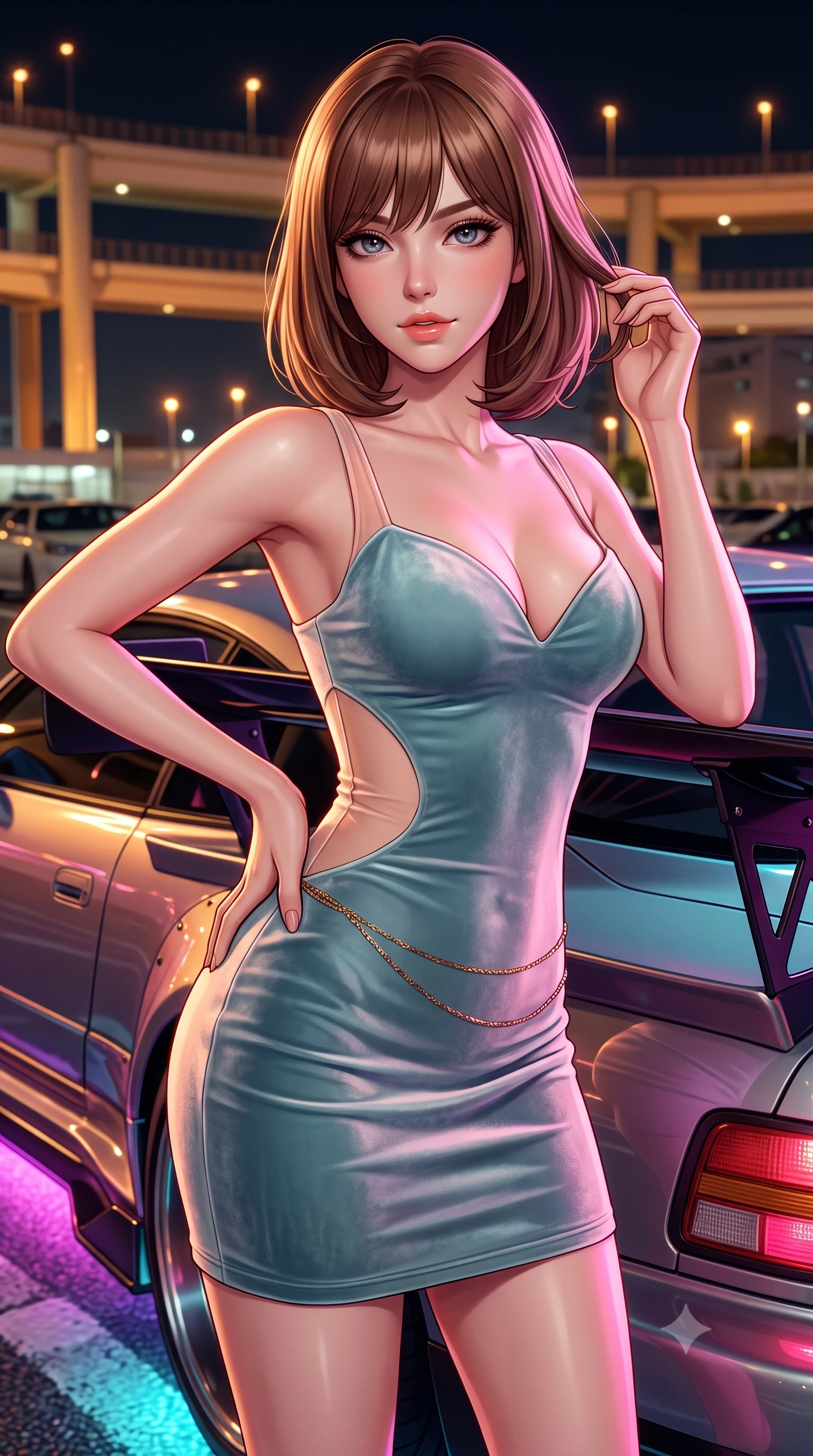 score_9, masterpiece, best quality, ultra-detailed, high-budget anime keyframe, semi-realistic 3D game render, editorial fashion photography, tasteful artistic composition, Caucasian woman. close-up cowboy shot from the waist and thighs up, the character dominates the composition, filling the frame with her large presence. twisting her slender torso in an alluring contrapposto stance, one hand resting on her sculpted hip while her fingers toy with her hair with effortless poise while leaning against the sleek rear spoiler of a customized vintage sports car with hips cocked back, casting a daring bedroom-gaze. The surrounding environment is rendered in vivid detail and crisp panoramic clarity: detailed leatherette corset top texture, metallic zipper shine, and Daikoku parking lot architecture in razor-sharp resolution. She has an exceptionally elegant, slender, and willowy female figure with an ultra-slim waist, flat toned midriff, narrow ribcage, and sculpted feminine hips creating an alluring, slim hourglass silhouette without bulk. sharp v-shaped jawline, high-bridge nose, sparkling eyes with hypnotic seductive depth, thick curled eyelashes, glossy parted lips with a natural dewy peach sheen, alluring bedroom-eyes with an enchanting coquettish smile, exuding magnetic siren charisma and sophisticated glamour, flawlessly proportioned anatomical accuracy, strict slender model proportions, natural body alignment, perfectly sculpted long slender limbs, ultra-slim waistline, clean dynamic posture without body distortion. wearing a deep sweetheart-neckline velvet bodycon dress with sheer side-torso cutouts accentuating her hourglass curves in pastel peach blossom and celadon porcelain blue, tailored from ultra-plush velvet with rich tactile depth and deep shadow gradients, finished with a dainty gold belly chain resting across her flat midriff and curving hips, the liquid-tight tailored fabric clinging flawlessly to her narrow waist and rounded feminine hips, emphasizing every millimeter of her sculpted slim hourglass curves without any bulky heaviness. bathed in warm industrial sodium-vapor parking floodlights mixed with vibrant car neon underglow. highly saturated vibrant anime colors, detailed shading with soft gradients, rich glossy textures, high-contrast stereoscopic depth, volumetric dynamic lighting, master piece, 9:16 ratio