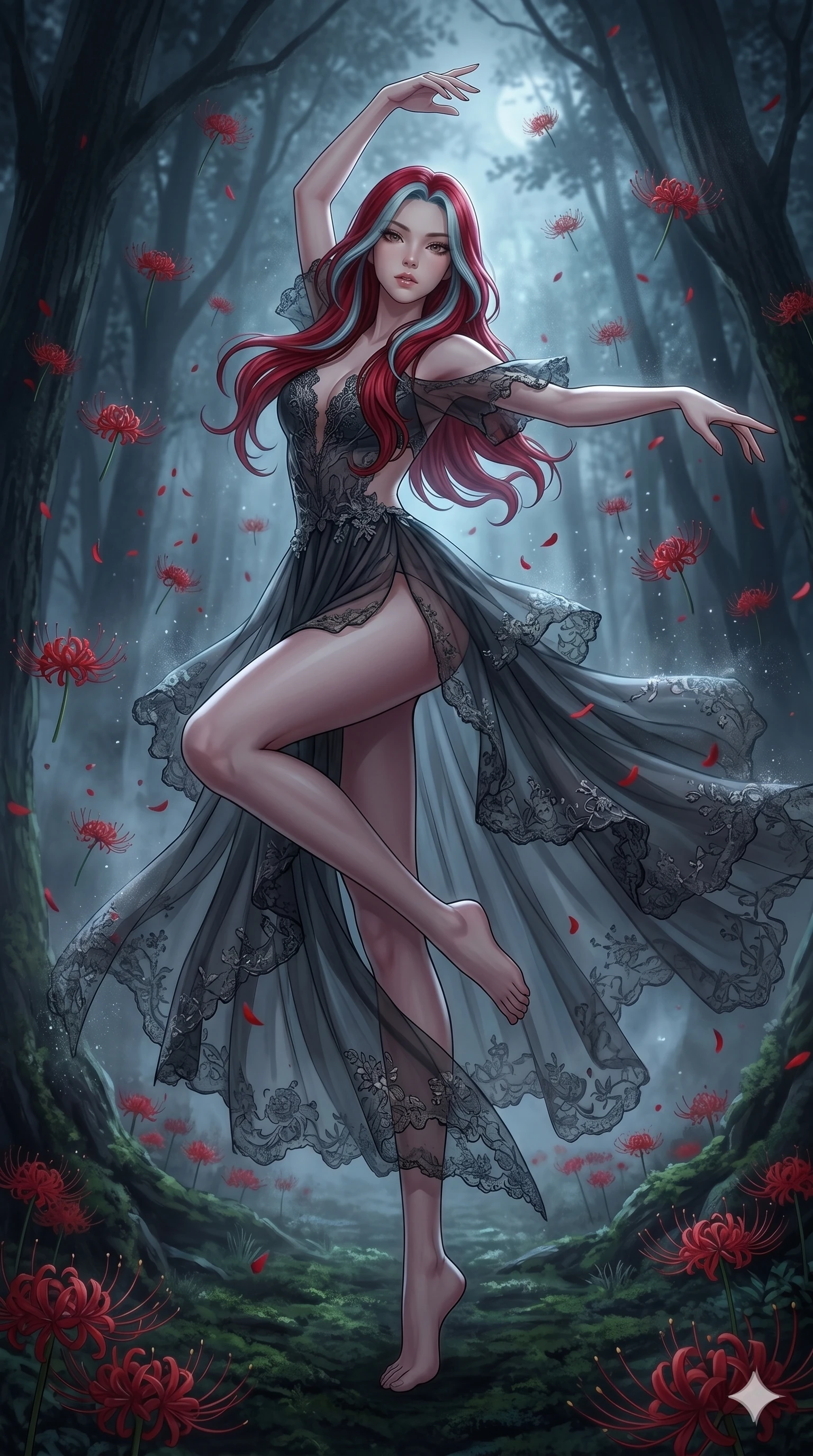 score_9, masterpiece, best quality, ultra-detailed, High-budget Anime Keyframe, East Asian woman. Low angle cowboy shot filling the entire 9:16 frame with her statuesque presence. Scenario 105: Dancing amidst falling red spider lilies in a misty dark forest. Her presence is magnetic and overpowering in this high-budget anime scene. Outfit 105: A sheer organza bare with a high-cut leg line and delicate lace embroidery. The clothing is designed to emphasize her exceptionally tall and slender 8-heads proportion. 8-heads proportion, towering silhouette, ultra-slim waist. sharp v-shaped jawline, intricate jewel-like eyes with depth, thick eyelashes, glossy lips. 2k, ultra detail, master piece, 9:16 ratio