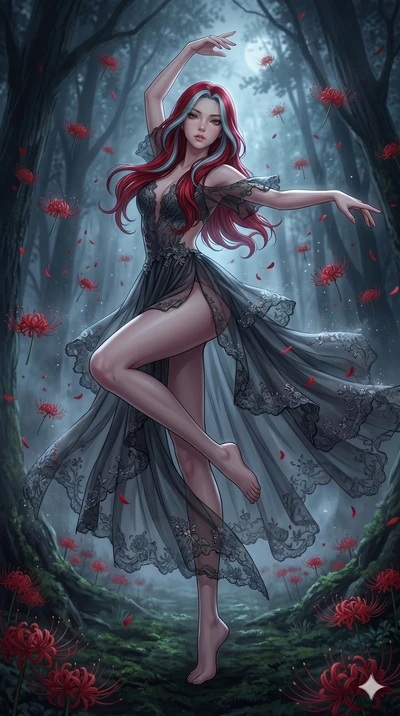score_9, masterpiece, best quality, ultra-detailed, High-budget Anime Keyframe, East Asian woman. Low angle cowboy shot filling the entire 9:16 frame with her statuesque presence. Scenario 105: Dancing amidst falling red spider lilies in a misty dark