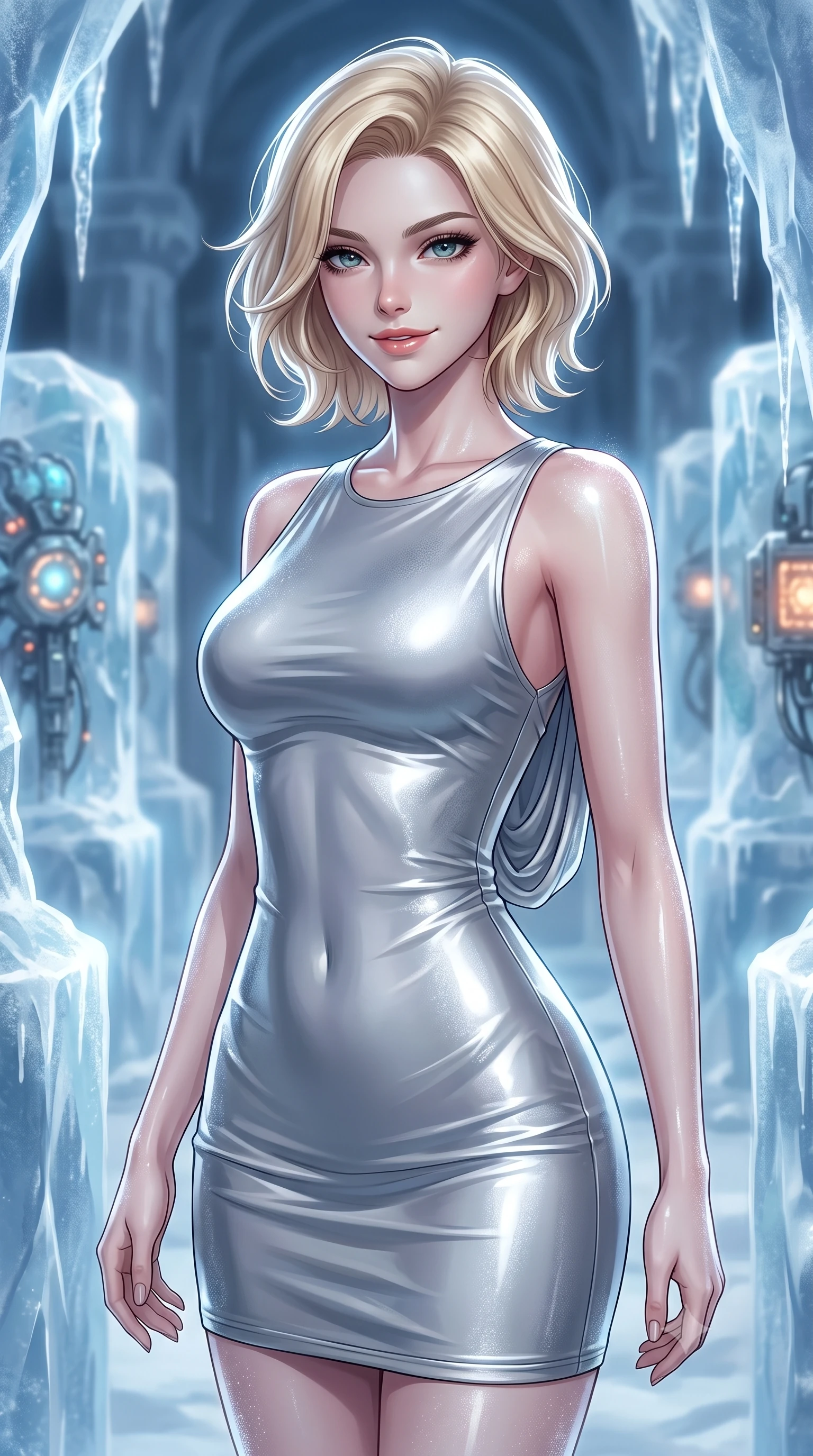 score_9, masterpiece, best quality, ultra-detailed, high-budget anime keyframe, editorial fashion photography, tasteful artistic composition, Caucasian woman. close-up cowboy shot from the waist and thighs up, the character dominates the composition, filling the frame with her large presence, background elements kept in soft focus. Smiling with quiet, magnetic self-assurance directly into the lens navigating a hall of frozen sculptures containing glowing cybernetic components, frosty condensation on surfaces catching brilliant rim lighting. She has an exceptionally elegant, slender, and willowy female figure with an ultra-slim waist, a gracefully sculpted slender torso, and a refined silhouette. sharp v-shaped jawline, high-bridge nose, intricate jewel-like eyes with depth, thick eyelashes, glossy lips with a natural sheen. wearing a precision-fitted liquid silver jersey bodycon dress with a graceful draped back, the form-contouring material highlighting her ultra-slim waist and long lines. bathed in cold silver moonlight filtered through translucent glacial ice. highly saturated vibrant anime colors, detailed shading with soft gradients, rich glossy textures, high-contrast stereoscopic depth, volumetric dynamic lighting, master piece, 9:16 ratio