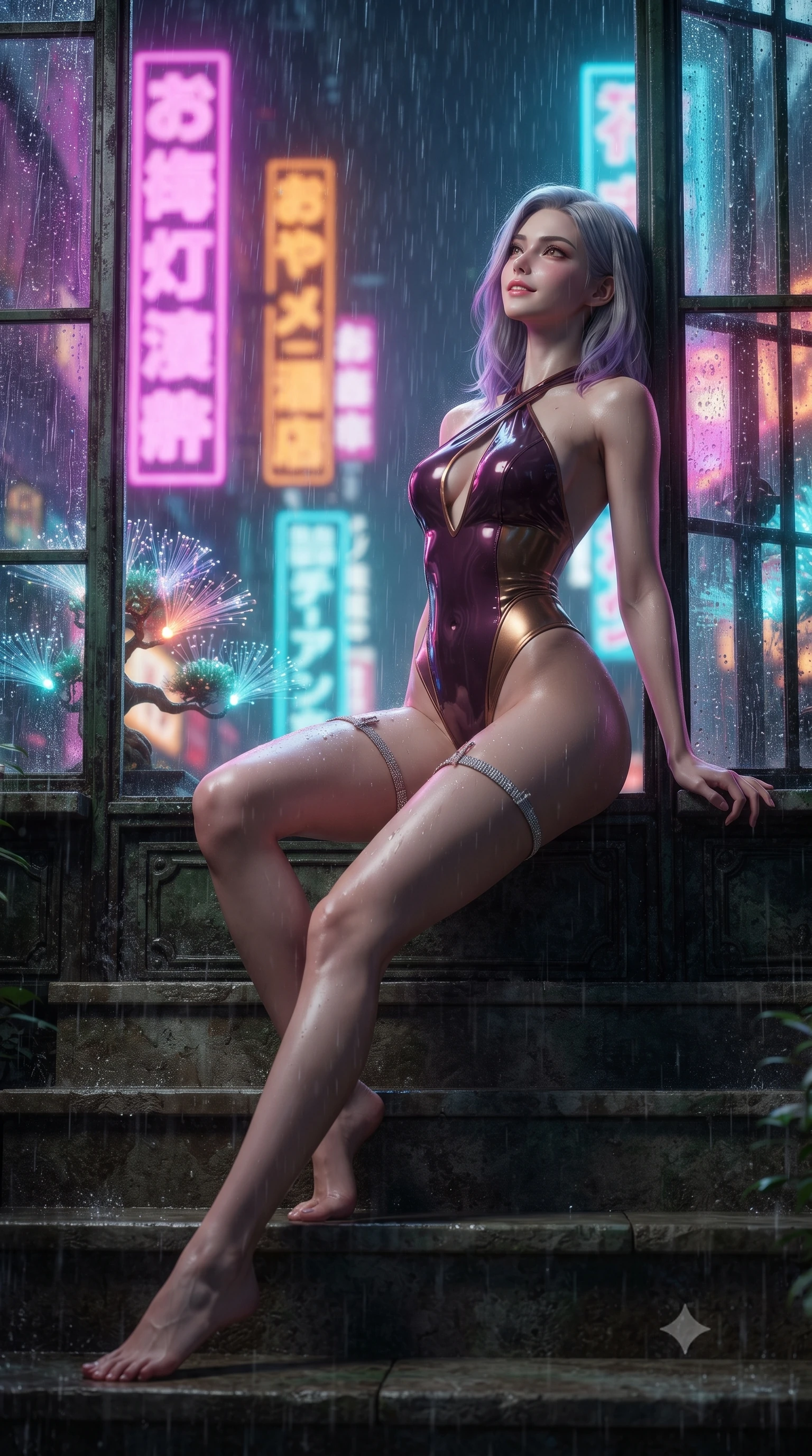 score_9, masterpiece, best quality, ultra-detailed, high-budget anime keyframe, editorial fashion photography, tasteful artistic composition, Caucasian woman. low angle full-body shot from head to toe showing her feet, filling the entire 9:16 vertical frame with her statuesque presence, stretching her vertical silhouette. sitting poised on the stone steps with one knee bent, arching her spine with supermodel elegance as she glances upward through thick eyelashes while leaning against the cast-iron greenhouse window frame with hips cocked back, looking through heavy rain toward blazing Shinjuku neon signs. The background shows a soft-focus heavy cascading rain on pitched greenhouse glass, towering Shinjuku neon signs, and glowing fiber-optic bonsai needles blurred into magenta, amber, and cyan bokeh. She has an absolutely perfect, statuesque 8.5-heads proportion, an exceptionally tall and slender model-like female figure with impossibly long slender legs, an ultra-slim waist, a flat toned midriff, narrow delicate ribcage, and beautifully sculpted feminine hips creating a graceful, slim hourglass silhouette without any bulky heaviness. sharp v-shaped jawline, high-bridge nose, sparkling eyes with hypnotic seductive depth, thick curled eyelashes, glossy parted lips with a natural dewy peach sheen, alluring bedroom-eyes with an enchanting coquettish smile, exuding magnetic siren charisma and sophisticated glamour, flawlessly proportioned anatomical accuracy, strict slender model proportions, natural body alignment, perfectly sculpted long slender limbs, ultra-slim waistline, clean dynamic posture without body distortion. wearing a criss-cross halterneck keyhole bodysuit with open back and sculpted waist darts in rich dark plum violet and gilded bronze, crafted from wet-look high-gloss vinyl fabric with dazzling specular surface reflections, finished with delicate crystal-encrusted thigh garter straps glinting in the dim light, the high-slit wrap tailoring accentuating her ultra-slim waistline and the enchanting curve of her feminine hips with alluring seductive charm. bathed in dynamic shifting multi-color neon light transmitted through rain-streaked exterior glass. ultra-reflective glossy finish, specular highlights, rich textural contrasts, high-contrast stereoscopic depth, volumetric dynamic lighting, 2k, ultra detail, master piece, 9:16 ratio