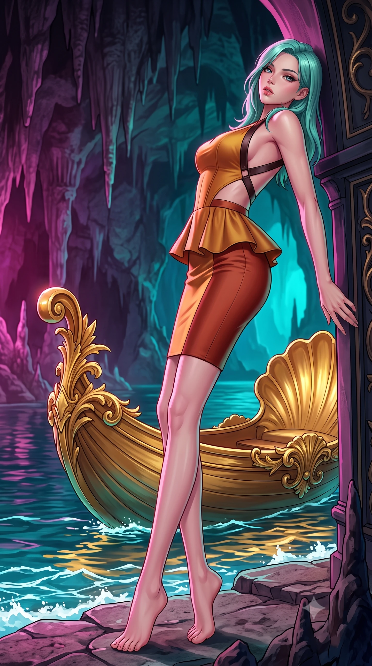 score_9, masterpiece, best quality, ultra-detailed, high-budget anime keyframe, semi-realistic 3D game render, editorial fashion photography, tasteful artistic composition, Japanese woman. low angle full-body shot from head to toe showing her feet, filling the entire 9:16 vertical frame with her statuesque presence, stretching her vertical silhouette. leaning deep against the structural architecture with hips cocked in an unapologetically bold, seductive high-fashion stance while standing on the edge of the subterranean illuminated lake beside King Ludwig's ornate golden shell boat, arching her back as artificial waves lap at stone shores. The surrounding environment is rendered in vivid detail and crisp panoramic clarity. sharp carved gilded shell boat flourishes, artificial stalactite textures, and cave water surface tension in deep focus. She has an exceptionally tall and slender model-like 8.5-heads proportion, an ultra-slim waist, a flat toned midriff, narrow delicate ribcage, and beautifully sculpted feminine hips creating a graceful, slim hourglass silhouette without any bulky heaviness, with impossibly long slender legs. sharp v-shaped jawline, high-bridge nose, intricate jewel-like eyes with depth, thick eyelashes, glossy parted lips with a natural sheen, intensely captivating and seductive bedroom-eyes expression, flawlessly proportioned anatomical accuracy, strict slender model proportions, natural body alignment, perfectly sculpted long slender limbs, ultra-slim waistline, clean dynamic posture without body distortion. wearing a modern peplum corset dress with side-waist diamond cutouts and an ultra-tight silhouette in molten desert gold and burnt terracotta, tailored from water-resistant treated wool gabardine and flexible stretch silk, featuring an open-back criss-cross harness strap in dark leather, the second-skin form-contouring cut accentuating her sculpted flat midriff, narrow delicate ribcage, and gracefully curvy hips with supermodel precision. bathed in vibrant theatrical magenta and turquoise cave lighting contrasting with golden boat reflections. highly saturated vibrant anime colors, detailed shading with soft gradients, rich glossy textures, high-contrast stereoscopic depth, volumetric dynamic lighting, master piece, 9:16 ratio