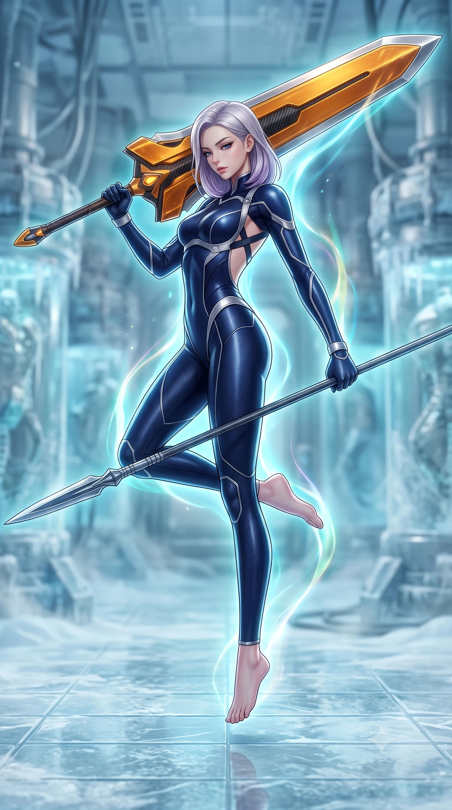 score_9, masterpiece, best quality, ultra-detailed, high-budget anime keyframe, semi-realistic 3D game render, editorial fashion photography, tasteful artistic composition, Caucasian woman. low angle full-body shot from head to toe showing her feet, filling the entire 9:16 vertical frame with her statuesque presence, stretching her vertical silhouette. arching her back gracefully in mid-air during a dynamic combat vault, her weapon energy trail framing her statuesque presence while stepping across ice-slicked laboratory tiles with spear balanced horizontally, radiating sovereign arctic composure. The composition keeps background elements in soft focus with creamy bokeh. drifting cryogenic frost vapor and frozen laboratory glass pods blurred into radiant cyan, silver, and pale blue bokeh. She has an absolutely perfect, statuesque 8.5-heads proportion, an exceptionally tall and slender model-like female figure with impossibly long slender legs, a toned flat midriff, and an ultra-slim waist. sharp v-shaped jawline, high-bridge nose, intricate jewel-like eyes with depth, thick eyelashes, glossy lips with a natural sheen, flawlessly proportioned anatomical accuracy, strict slender model proportions, natural body alignment, perfectly sculpted long slender limbs, ultra-slim waistline, clean dynamic posture without body distortion. wearing a statuesque midnight cobalt carbon-fiber armor-suit with platinum trim and an ultra-slim waistline, resting a massive sleek high-frequency anti-material greatsword across her shoulder in molten amber-gold carbon cuirass with dark titanium weave, made of lightweight aerodynamic carbon-titanium alloy with polished edge bevels, complemented by criss-cross back harness straps highlighting her completely bare spine, the glove-like aerodynamic second-skin fit tightly clinging to her ultra-slender waist and athletic curves without adding bulk, accentuating her razor-sharp statuesque lines and slim hourglass silhouette. surrounded by a cool, lethal, and breathtakingly alluring frost-goddess special-operative aura. rich saturated anime colors with glowing neon highlights, detailed shading with soft gradients, rich glossy textures, high-contrast stereoscopic depth, volumetric dynamic lighting, master piece, 9:16 ratio