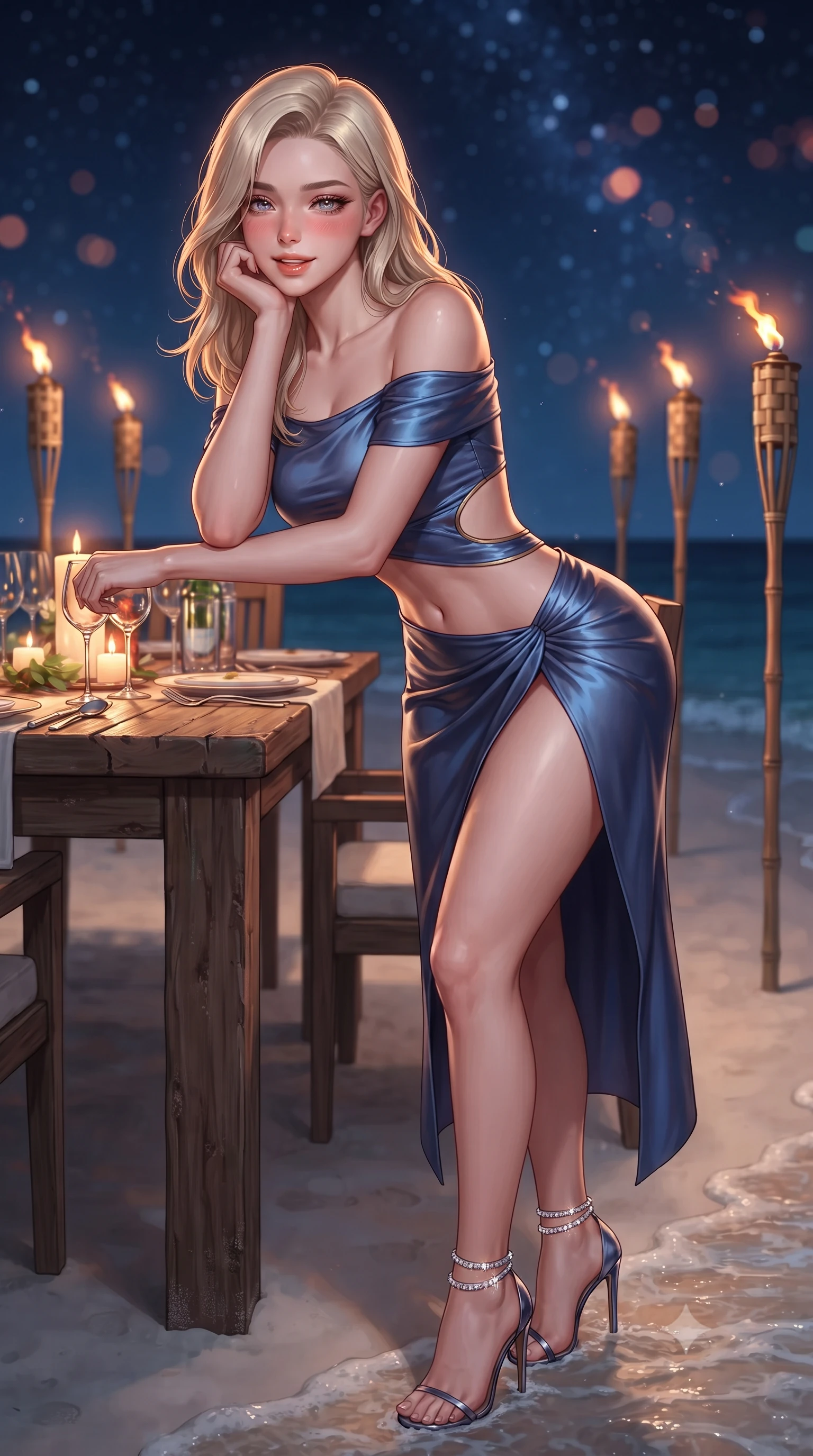score_9, masterpiece, best quality, ultra-detailed, high-budget anime keyframe, editorial fashion photography, tasteful artistic composition, Caucasian woman. close-up cowboy shot from the waist and thighs up, the character dominates the composition, filling the frame with her large presence. resting one elbow on the table and supporting her chin, leaning close to the camera with heavy-lidded sparkling eyes and parted lips while twisting her slender torso in an alluring contrapposto stance beside the candlelit dining table, gentle lapping waves caressing the sand at her feet. The background shows a soft-focus solitary white sandbank in the middle of the Indian Ocean, line of bamboo tiki torches glowing in the dark, and starry sky blurred into coral, amber, and indigo bokeh. She has an exceptionally elegant, slender, and willowy female figure with an ultra-slim waist, flat toned midriff, narrow ribcage, and sculpted feminine hips creating an alluring, slim hourglass silhouette without bulk. sharp v-shaped jawline, high-bridge nose, intricate jewel-like sparkling eyes with depth, thick eyelashes, glossy parted lips with a natural peach sheen, bright cheerful beaming smile with an enchanting and coquettish sensual glint, exuding both youthful cute charm and seductive allure, flawlessly proportioned anatomical accuracy, strict slender model proportions, natural body alignment, perfectly sculpted long slender limbs, ultra-slim waistline, clean dynamic posture without body distortion. wearing an alluring off-the-shoulder crop top with asymmetrical side-torso cutouts and a high-slit wrap skirt in Vltava misty twilight cobalt and polished brass, crafted from fluid liquid silk satin that clings smoothly to her narrow waist and rounded hips with a dewy sheen, complemented by strappy stiletto sandals with crystal ankle wraps accentuating her slender calves, the second-skin tailored fabric adhering flawlessly to her sculpted flat midriff and slender torso, emphasizing her long leg lines and perfectly proportioned willowy build. illuminated by white sand reflection bounce and sharp flame-gold rim lights sculpting her razor-sharp jawline, narrow waist, and curvy hips. ultra-reflective glossy finish, specular highlights, rich textural contrasts, high-contrast stereoscopic depth, volumetric dynamic lighting, 2k, ultra detail, master piece, 9:16 ratio
