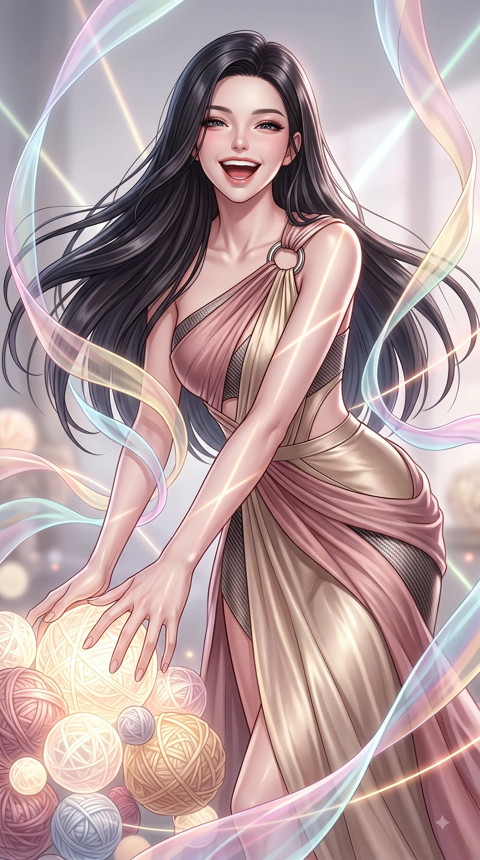 score_9, masterpiece, best quality, ultra-detailed, high-budget anime keyframe, editorial fashion photography, tasteful artistic composition, Korean woman. close-up cowboy shot from the waist and thighs up, the character dominates the composition, filling the frame with her large presence, background elements kept in soft focus. Joyful laughing expression filled with genuine happiness and warmth, leaning forward with cheerful energy while reaching forward with a cheerful arm stretch to touch a cluster of glowing yarn spheres, translucent silk ribbons swirling around her figure like bright streams. She has an exceptionally elegant, slender, and willowy female figure with an ultra-slim waist, a gracefully sculpted slender torso, and a refined silhouette. sharp v-shaped jawline, high-bridge nose, intricate jewel-like eyes with depth, thick eyelashes, glossy lips with a natural sheen, flawlessly proportioned anatomical accuracy, natural body alignment, perfectly sculpted elegant limbs, clean dynamic posture without body distortion. wearing an asymmetrical Grecian draped chiffon gown with a metallic shoulder ring in dusty rose and champagne gold, made of fine carbon-fiber weave and soft matte leather, featuring subtle geometric cutouts that highlight her ultra-slim midriff, the sleek second-skin texture accentuating her magnetic presence. bathed in sharp geometric laser grid highlights and soft airy ambient fill. ultra-reflective glossy finish, specular highlights, metallic sheen, high-contrast stereoscopic depth, volumetric dynamic lighting, 2k, ultra detail, master piece, 9:16 ratio