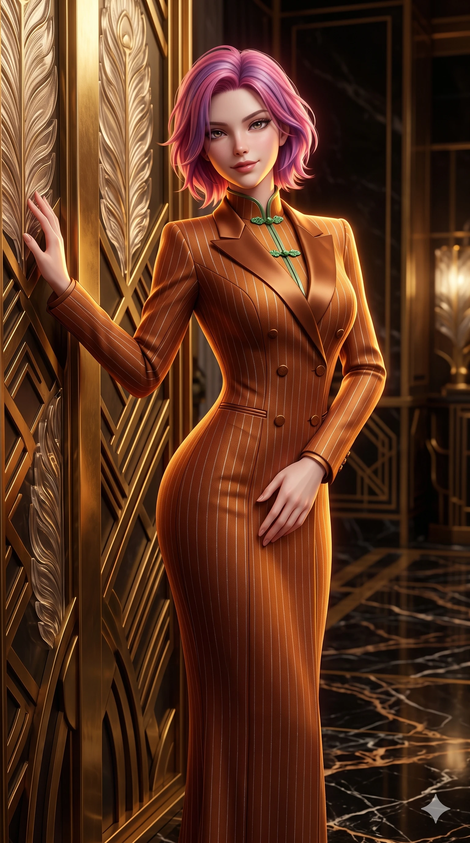 score_9, masterpiece, best quality, ultra-detailed, high-budget anime keyframe, semi-realistic 3D game render, editorial fashion photography, tasteful artistic composition, Caucasian woman. close-up cowboy shot from the waist and thighs up, the character dominates the composition, filling the frame with her large presence. tilting her head with a teasing half-smile, running one hand slowly down the side of her hip in a flirtatious S-curve as ambient light caresses her silhouette while standing in a tall, confident posture beside a monumental brass art deco relief, stretching her statuesque body as she arches her lower back to emphasize her sculpted feminine hips and slender waist. The surrounding environment is rendered in vivid detail and crisp panoramic clarity: sharp carved Lalique glass feather motifs, crisp brass inlay geometric lines, and polished marble floor vein patterns in deep focus. She has an exceptionally elegant, slender, and willowy female figure with an ultra-slim waist, flat toned midriff, narrow ribcage, and sculpted feminine hips creating an alluring, slim hourglass silhouette without bulk. sharp v-shaped jawline, high-bridge nose, intricate jewel-like sparkling eyes with depth, thick eyelashes, glossy parted lips with a natural sheen, intensely captivating and seductive bedroom-eyes expression, exuding both youthful cute charm and sovereign luxury allure, flawlessly proportioned anatomical accuracy, strict slender model proportions, natural body alignment, perfectly sculpted long slender limbs, ultra-slim waistline, clean dynamic posture without body distortion. wearing a tailored double-breasted tuxedo evening dress with structured satin lapels and subtle silver pinstripes in rich copper bronze and warm amber, crafted from bespoke double-faced cashmere with an exceptionally soft tactile finish, finished with sleek jade frog closures glinting along her high collar, the bespoke structured tailoring following the natural line of her 8.5-heads silhouette with refined elegance. illuminated by black marble floor reflections and sharp gold-amber rim lights sculpting her razor-sharp jawline, narrow waist, and curvy hips. highly saturated vibrant anime colors, detailed shading with soft gradients, rich glossy textures, high-contrast stereoscopic depth, volumetric dynamic lighting, master piece, 9:16 ratio