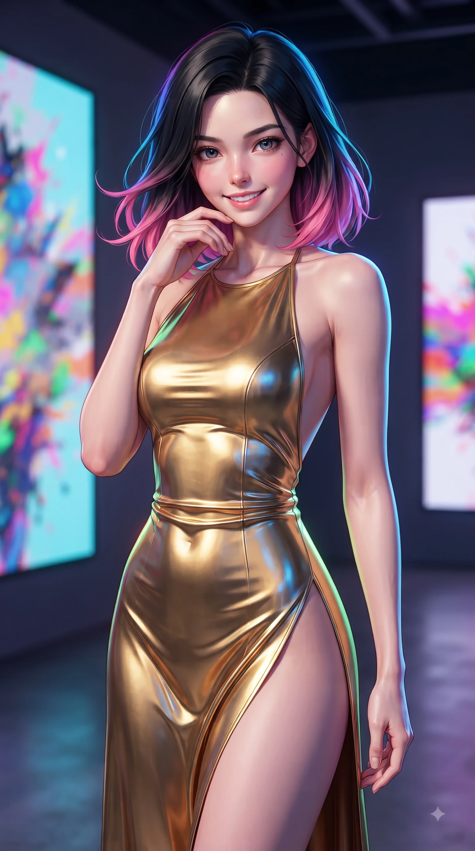 score_9, masterpiece, best quality, ultra-detailed, high-budget anime keyframe, editorial fashion photography, tasteful artistic composition, Korean woman woman. close-up cowboy shot from the waist and thighs up, the character dominates the composition, filling the frame with her large presence, background elements kept in soft focus. She has an exceptionally elegant, slender, and willowy female figure with an ultra-slim waist, a gracefully sculpted slender torso, and a refined silhouette. smiling with quiet, magnetic self-assurance directly into the camera lens, flawlessly proportioned anatomical accuracy, natural body alignment, perfectly sculpted elegant limbs, clean dynamic posture without body distortion. set against a soft-focus background of a high-end gallery with RGB noise digital canvas displays. wearing a backless metallic gold halter gown with a daring high side slit to mid-thigh. bathed in dynamic shifting RGB neon lights creating dramatic high-contrast rim light. ultra-reflective glossy finish, specular highlights, metallic sheen, high-contrast stereoscopic depth, volumetric dynamic lighting, 2k, ultra detail, master piece, 9:16 ratio