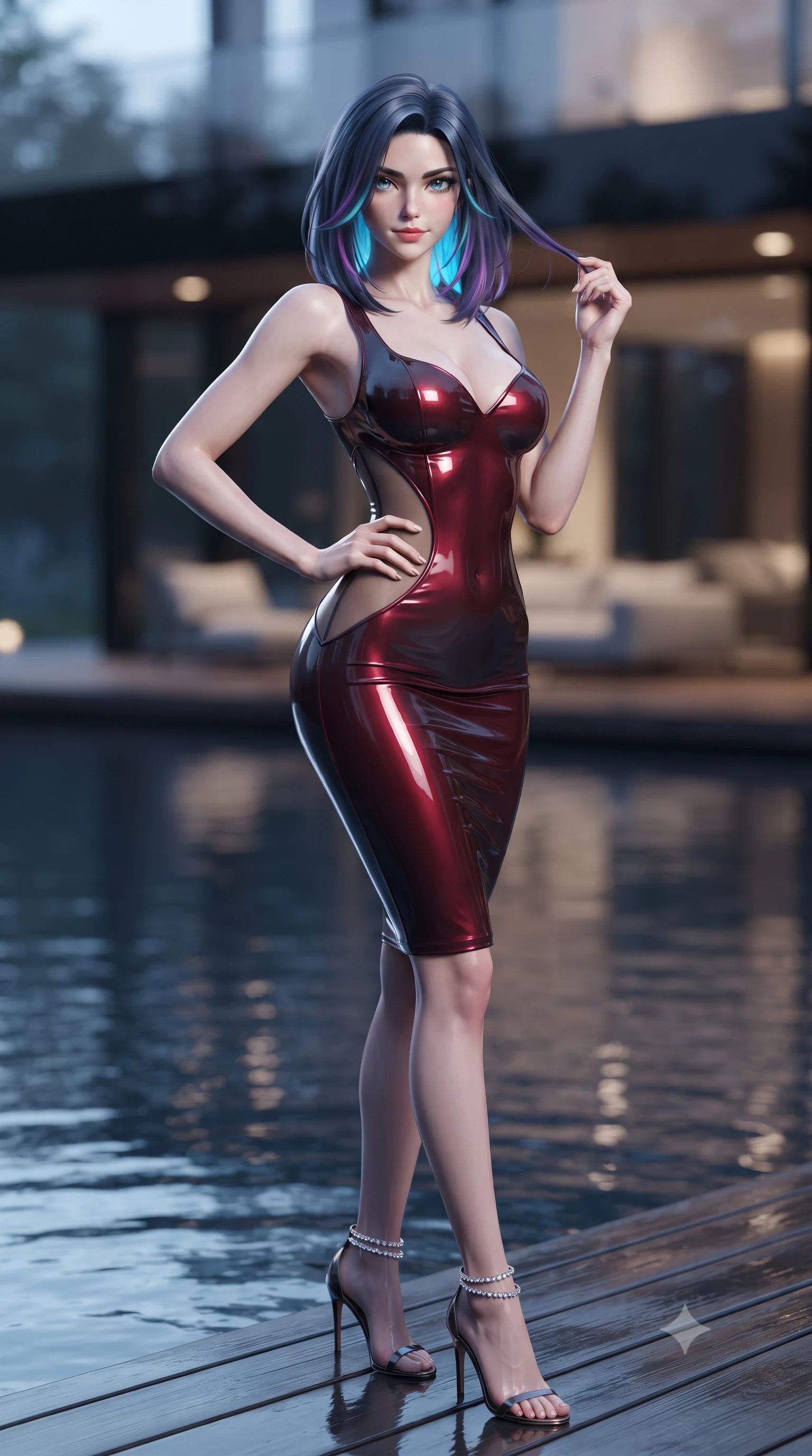 score_9, masterpiece, best quality, ultra-detailed, high-budget anime keyframe, editorial fashion photography, tasteful artistic composition, Caucasian woman. close-up cowboy shot from the waist and thighs up, the character dominates the composition, filling the frame with her large presence. twisting her slender torso in an alluring contrapposto stance, one hand resting on her sculpted hip while her fingers toy with her hair with effortless poise while standing on the submerged black teak deck with calm lake water lapping around her ankles, arching her back with sovereign lakefront glamour. The background shows a soft-focus black glass villa facade reflections softened in ultra-exclusive lakefront shallow focus. She has an exceptionally elegant, slender, and willowy female figure with an ultra-slim waist, flat toned midriff, narrow ribcage, and sculpted feminine hips creating an alluring, slim hourglass silhouette without bulk. sharp v-shaped jawline, high-bridge nose, sparkling eyes with hypnotic seductive depth, thick curled eyelashes, glossy parted lips with a natural dewy peach sheen, alluring bedroom-eyes with an enchanting coquettish smile, exuding magnetic siren charisma and sophisticated glamour, flawlessly proportioned anatomical accuracy, strict slender model proportions, natural body alignment, perfectly sculpted long slender limbs, ultra-slim waistline, clean dynamic posture without body distortion. wearing a deep sweetheart-neckline velvet bodycon dress with sheer side-torso cutouts accentuating her hourglass curves in rich cherry lacquer and smoky charcoal, crafted from wet-look high-gloss vinyl fabric with dazzling specular surface reflections, complemented by strappy stiletto sandals with crystal ankle wraps accentuating her slender calves, the glove-like clinging cut tightly following the natural contour of her hips and long slender legs with youthful 8.5-heads elegance. bathed in cool moonlight reflecting from the lake surface mixed with warm recessed terrace lighting. ultra-reflective glossy finish, specular highlights, rich textural contrasts, high-contrast stereoscopic depth, volumetric dynamic lighting, 2k, ultra detail, master piece, 9:16 ratio