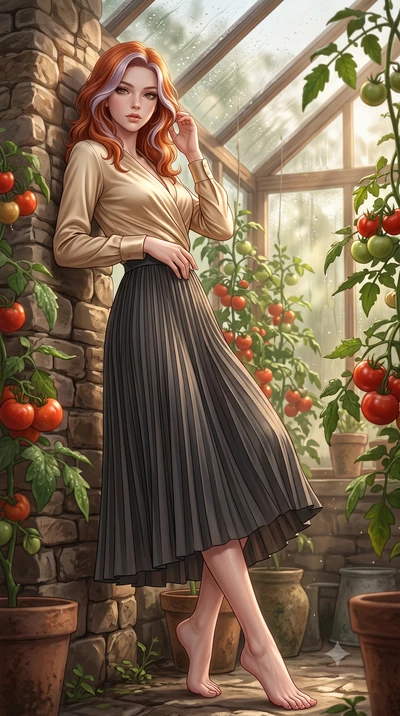 score_9, masterpiece, best quality, ultra-detailed, high-budget anime keyframe, editorial fashion photography, tasteful artistic composition, Caucasian woman woman. low angle full-body shot from head to toe showing her feet, filling the entire 9:16 v