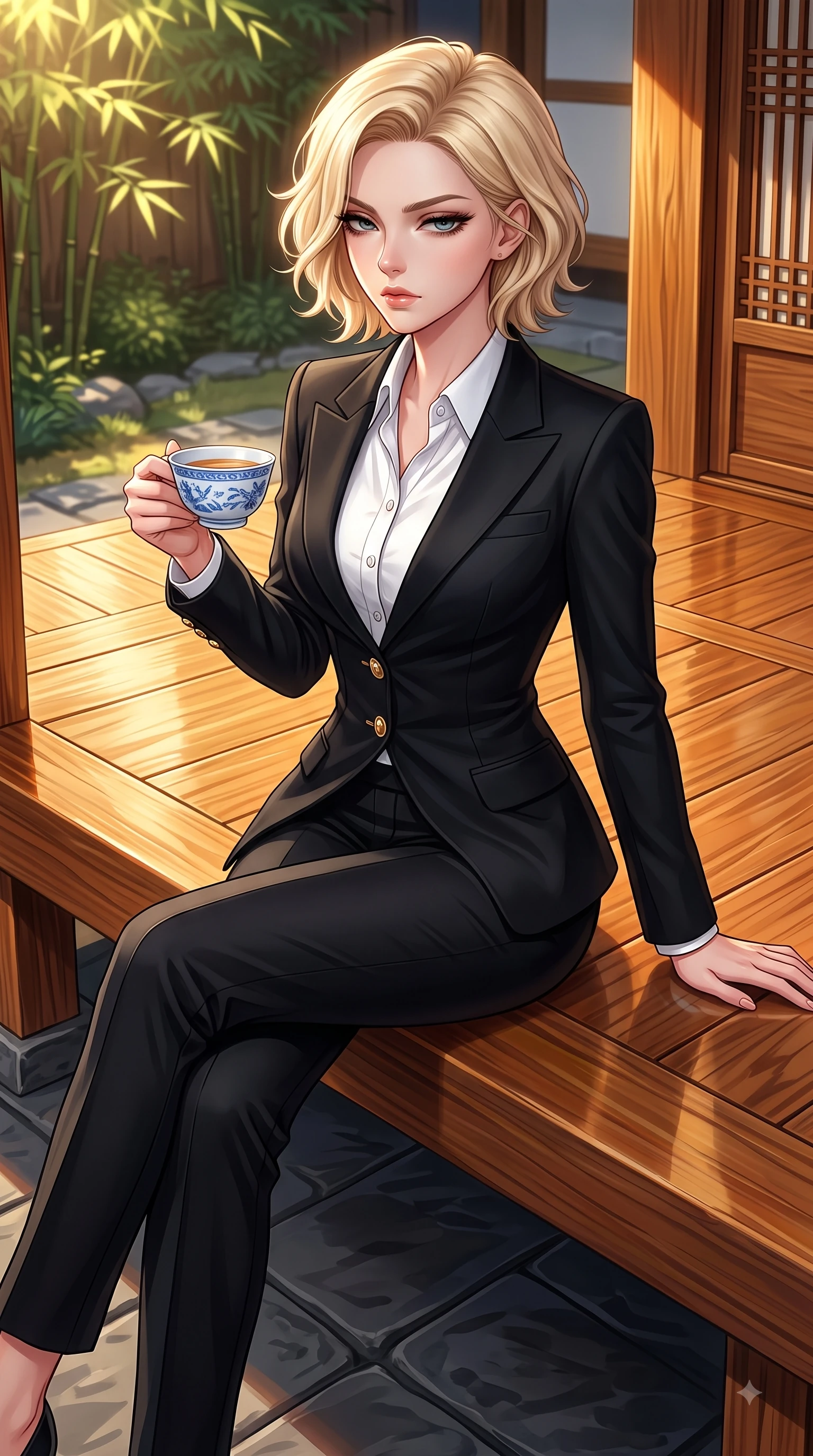 score_9, masterpiece, best quality, ultra-detailed, high-budget anime keyframe, editorial fashion photography, tasteful artistic composition, Caucasian woman. close-up cowboy shot from the waist and thighs up, the character dominates the composition, filling the frame with her large presence. Indifferent cold glance casting a disdainful side-eye from beneath long dark eyelashes with aloof confidence while sitting on a polished wooden Hanok veranda holding a delicate porcelain tea cup. The surrounding environment is rendered in vivid detail and crisp panoramic clarity. polished wooden veranda grain, stone courtyard paving, and sunlit bamboo leaves in deep focus. She has an exceptionally elegant, slender, and willowy female figure with an ultra-slim waist, a gracefully sculpted slender torso, and a refined silhouette. sharp v-shaped jawline, high-bridge nose, intricate jewel-like eyes with depth, thick eyelashes, glossy lips with a natural sheen, flawlessly proportioned anatomical accuracy, natural body alignment, perfectly sculpted elegant limbs, clean dynamic posture without body distortion. wearing a sleek jet black tailored blazer over a crisp white button-down and trousers in monochrome white and glossy black contrast, made of fine lace weave and soft satin jersey, finished with gold metallic hardware buttons along the front, the form-contouring material accentuating her ultra-slim waist and long lines. illuminated by warm golden sunlight reflecting off polished wooden verandas. highly saturated vibrant anime colors, detailed shading with soft gradients, rich glossy textures, high-contrast stereoscopic depth, volumetric dynamic lighting, master piece, 9:16 ratio