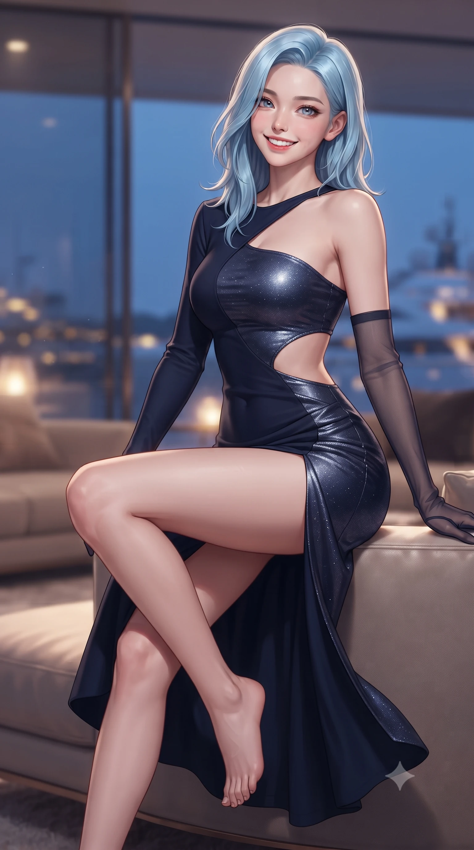 score_9, masterpiece, best quality, ultra-detailed, high-budget anime keyframe, editorial fashion photography, tasteful artistic composition, Korean woman. close-up cowboy shot from the waist and thighs up, the character dominates the composition, filling the frame with her large presence. perched sideways on the lounge seat, one knee drawn up to showcase her slender leg line while her arched back accentuates her feminine hip curve while walking along the cantilevered penthouse terrace with confident model strides, her high-slit gown billowing around her long slender legs. The background shows a soft-focus interior penthouse ambient glows softened in ultra-exclusive tax-haven luxury shallow focus. She has an exceptionally elegant, slender, and willowy female figure with an ultra-slim waist, flat toned midriff, narrow ribcage, and sculpted feminine hips creating an alluring, slim hourglass silhouette without bulk. sharp v-shaped jawline, high-bridge nose, intricate jewel-like sparkling eyes with depth, thick eyelashes, glossy parted lips with a natural peach sheen, bright cheerful beaming smile with an enchanting and coquettish sensual glint, exuding both youthful cute charm and seductive allure, flawlessly proportioned anatomical accuracy, strict slender model proportions, natural body alignment, perfectly sculpted long slender limbs, ultra-slim waistline, clean dynamic posture without body distortion. wearing an asymmetrical cut-out tech-couture mini dress with one long sleeve, bare shoulder, and side-waist cutouts in deep midnight navy and liquid starlight chrome, woven from stretch metallic lurex jersey casting radiant starlight glints across her curves, complemented by sheer opera-length evening gloves tracing her slender arms, the high-slit wrap tailoring accentuating her ultra-slim waistline and the enchanting curve of her feminine hips with alluring seductive charm. bathed in the dynamic blue-hour sky ambient contrasted with golden harbor lights and yacht deck illumination. ultra-reflective glossy finish, specular highlights, rich textural contrasts, high-contrast stereoscopic depth, volumetric dynamic lighting, 2k, ultra detail, master piece, 9:16 ratio