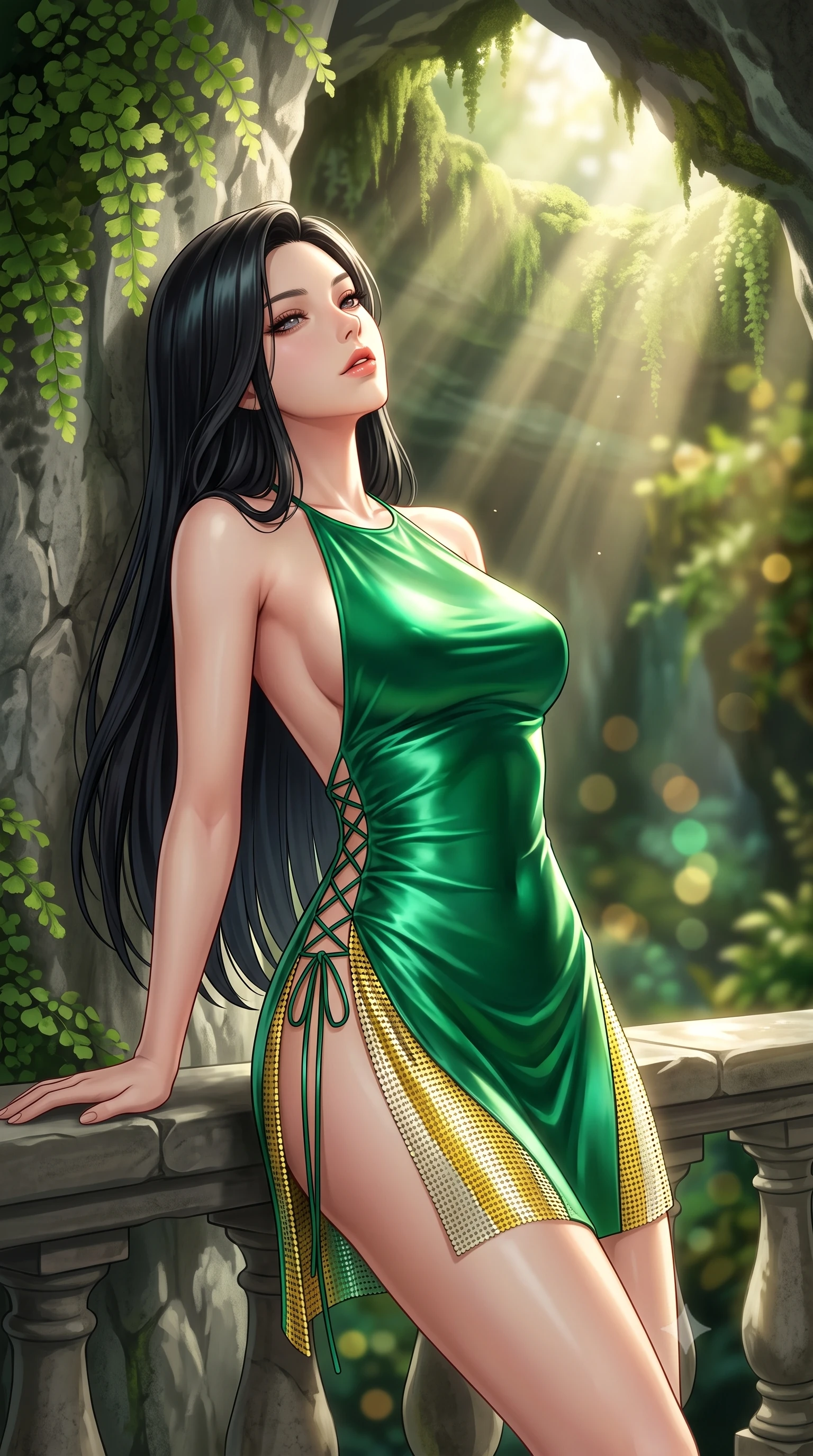 score_9, masterpiece, best quality, ultra-detailed, high-budget anime keyframe, semi-realistic 3D game render, editorial fashion photography, tasteful artistic composition, Korean woman. close-up cowboy shot from the waist and thighs up, the character dominates the composition, filling the frame with her large presence. leaning back against the balustrade with relaxed seductive grace, head tilted back slightly while casting a hypnotic, heavy-lidded gaze while leaning against the cool limestone cavern wall with hips cocked back, looking upward through sunbeams with smoldering bedroom-eyes. The background shows a soft-focus cascading maidenhair ferns, mossy limestone overhangs, and visible golden sunbeams cutting through forest air blurred into emerald, olive, and gold bokeh. She has an exceptionally elegant, slender, and willowy female figure with an ultra-slim waist, flat toned midriff, narrow ribcage, and sculpted feminine hips creating an alluring, slim hourglass silhouette without bulk. sharp v-shaped jawline, high-bridge nose, sparkling eyes with hypnotic seductive depth, thick curled eyelashes, glossy parted lips with a natural dewy peach sheen, alluring bedroom-eyes with an enchanting coquettish smile, exuding magnetic siren charisma and sophisticated glamour, flawlessly proportioned anatomical accuracy, strict slender model proportions, natural body alignment, perfectly sculpted long slender limbs, ultra-slim waistline, clean dynamic posture without body distortion. wearing a slinky backless halterneck column mini dress in shimmering liquid emerald satin with deep side leg slits in sunlit daisy yellow and gardenia cream with olive accents, crafted from shimmering fluid chainmail mesh reflecting ambient casino lights, featuring fine criss-cross lace-up side ties revealing tantalizing glimpses of her hip curve, the liquid-tight tailored fabric clinging flawlessly to her narrow waist and rounded feminine hips, emphasizing every millimeter of her sculpted slim hourglass curves without any bulky heaviness. bathed in dramatic angled shafts of pure morning sunlight (god rays) penetrating the sunken cavern opening. highly saturated vibrant anime colors, detailed shading with soft gradients, rich glossy textures, high-contrast stereoscopic depth, volumetric dynamic lighting, master piece, 9:16 ratio
