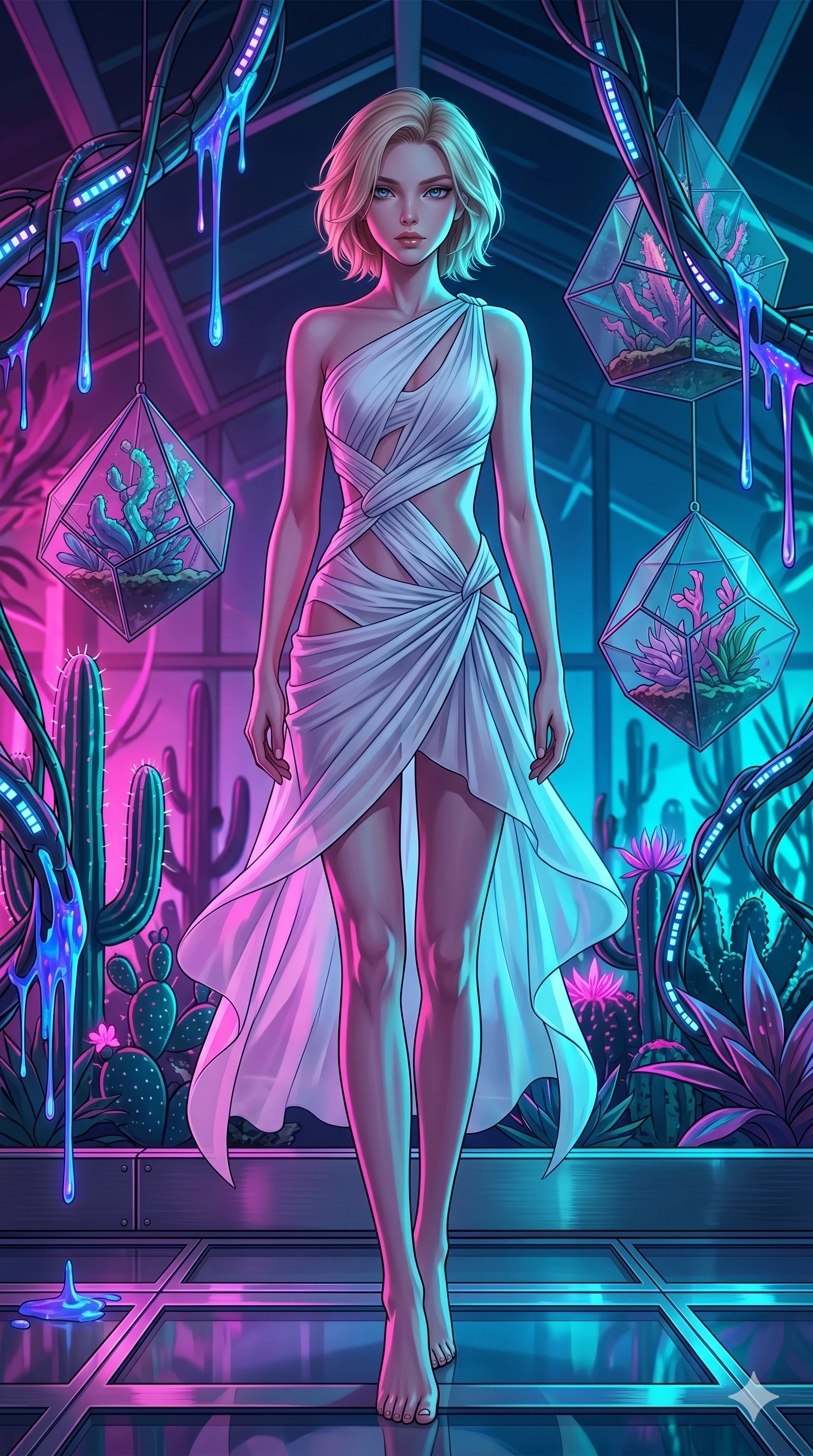 score_9, masterpiece, best quality, ultra-detailed, high-budget anime keyframe, Caucasian woman, strictly human ears. low angle full-body shot filling the entire 9:16 frame with her statuesque presence, stretching the vertical silhouette. standing in a retro-futuristic synthwave greenhouse where glowing neon cacti and polyhedral glass terrariums float around her, while fluorescent cyber-sap drips from cybernetic vines. She has an absolutely perfect 8-heads proportion, an exceptionally tall and slender female figure with impossibly long slender legs and an ultra-slim waist. V-shaped jawline, high-bridge nose, intricate jewel-like eyes with depth, thick eyelashes, glossy lips with a natural sheen.. wearing an asymmetric chiffon draped couture mini dress, featuring draped white chiffon fabric twisting around her body with elegant diamond cutouts on the waist. accented by dynamic color-blocked lighting with high-contrast shadows emphasizing her statuesque height. 2k, ultra detail, master piece, 9:16 ratio