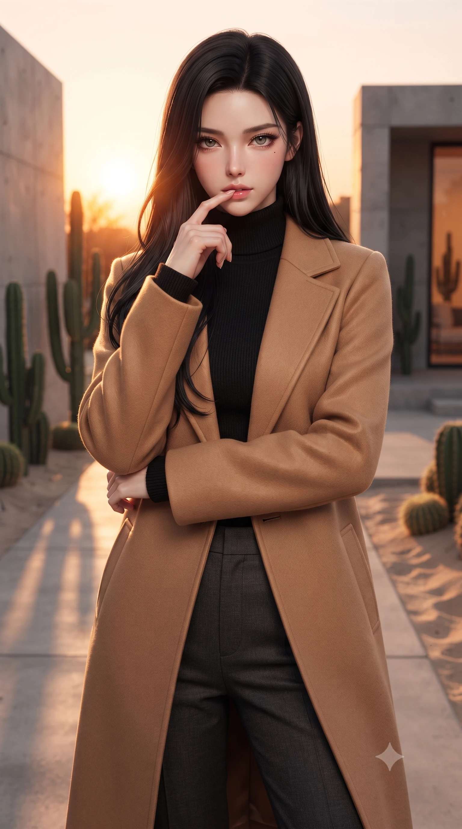 score_9, masterpiece, best quality, ultra-detailed, high-budget anime keyframe, editorial fashion photography, tasteful artistic composition, Korean woman. close-up cowboy shot from the waist and thighs up, the character dominates the composition, filling the frame with her large presence, background elements kept in soft focus. pressing one finger to her bottom lip in a thoughtful, seductive gesture under the warm sun the background shows a soft-focus a modern concrete villa garden with minimalist cacti and sand landscaping at sunset. She has an exceptionally elegant, slender, and willowy female figure with an ultra-slim waist, a gracefully sculpted slender torso, and a refined silhouette. sharp v-shaped jawline, high-bridge nose, intricate jewel-like eyes with depth, thick eyelashes, glossy lips with a natural sheen. wearing a tailored warm camel-colored wrap coat over a black turtleneck sweater and charcoal slacks. the dramatic orange glow of a sunset casting long cactus shadows. ultra-reflective glossy finish, specular highlights, metallic sheen, high-contrast stereoscopic depth, volumetric dynamic lighting, 2k, ultra detail, master piece, 9:16 ratio