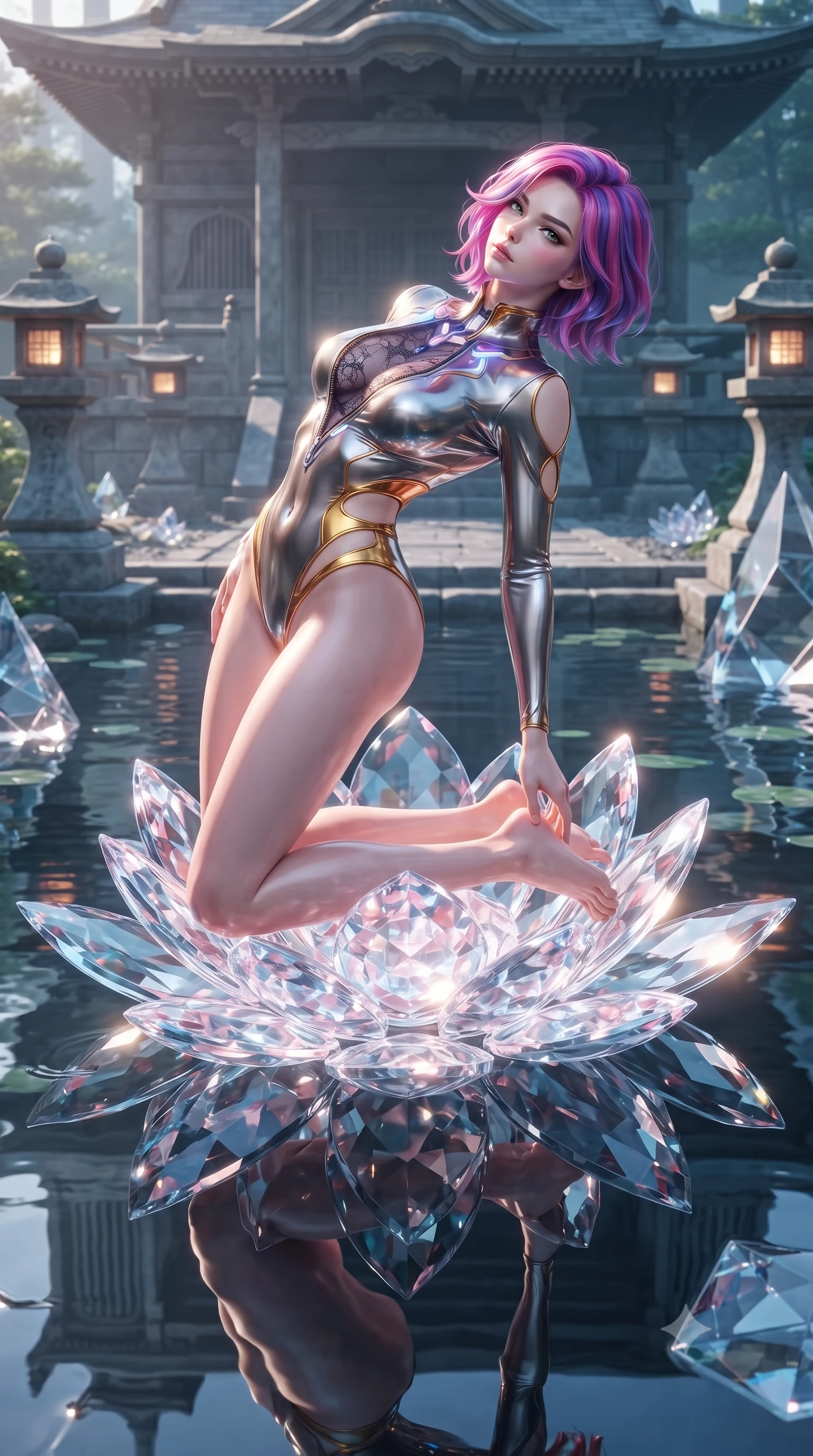 score_9, masterpiece, best quality, ultra-detailed, high-budget anime keyframe, editorial fashion photography, tasteful artistic composition, Caucasian woman. low angle full-body shot from head to toe showing her feet, filling the entire 9:16 vertical frame with her statuesque presence, stretching her vertical silhouette. arching her back in a fluid zero-gravity turn with sovereign grace, her long slender legs and sculpted torso creating a sweeping line while kneeling gracefully on a giant glowing glass lotus blossom floating in a tech-temple pond. The surrounding environment is rendered in vivid detail and crisp panoramic clarity. sharp temple pond reflections, stone shrine lanterns, and geometric glass carvings in high resolution. She has an absolutely perfect, statuesque 8.5-heads proportion, an exceptionally tall and slender model-like female figure with impossibly long slender legs and an ultra-slim waist. sharp v-shaped jawline, high-bridge nose, intricate jewel-like eyes with depth, thick eyelashes, glossy lips with a natural sheen, flawlessly proportioned anatomical accuracy, natural body alignment, perfectly sculpted elegant limbs, clean dynamic posture without body distortion. wearing a form-fitting top made of molten liquid-mercury fabric that clings to her curves, with strategic tear-drop shoulder cutouts and a dangerously unzipped front collar in lustrous molten gold and pure deep violet, crafted from delicate dark lace interwoven with luminescent micro-fibers, featuring a dangerously unzipped neckline framed by glowing cybernetic accents, the daring cutouts accentuating her delicate midriff, graceful collarbones, and feminine contour. surrounded by an ethereal, sacred, and intensely seductive temple ambiance. ultra-reflective glossy finish, specular highlights, metallic sheen, high-contrast stereoscopic depth, volumetric dynamic lighting, 2k, ultra detail, master piece, 9:16 ratio