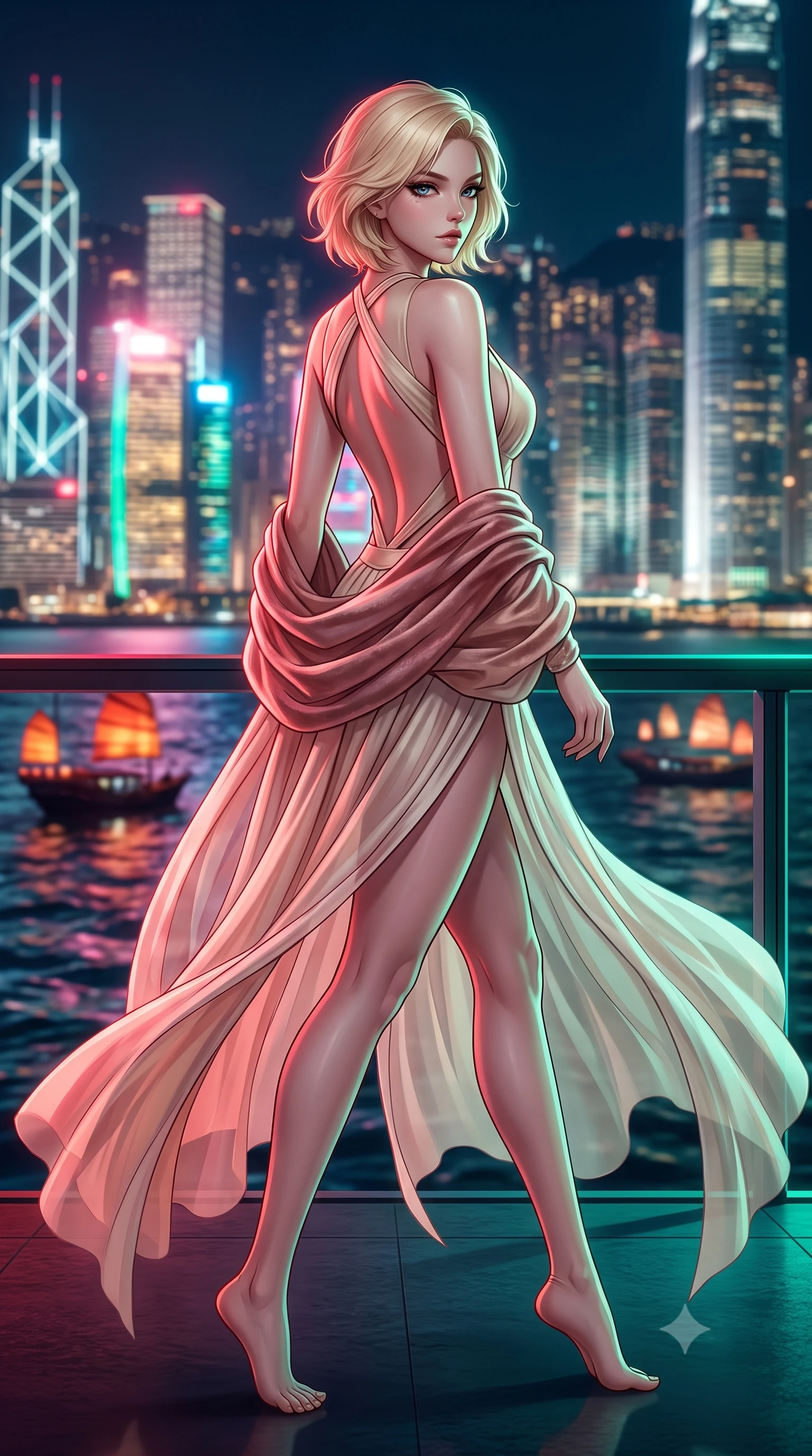 score_9, masterpiece, best quality, ultra-detailed, high-budget anime keyframe, semi-realistic 3D game render, editorial fashion photography, tasteful artistic composition, Caucasian woman. low angle full-body shot from head to toe showing her feet, filling the entire 9:16 vertical frame with her statuesque presence, stretching her vertical silhouette. striding forward in a proud supermodel runway stride, hips swaying in an alluring kinetic rhythm that accentuates her curvy hourglass silhouette while turning in an alluring contrapposto stance as her high-slit dress flutters in the sea breeze, gazing across the glittering high-density Kowloon skyline. The composition keeps background elements in soft focus with creamy bokeh. bobbing lantern barges and harbor water ripples softened in moody cyberpunk shallow focus. She has an exceptionally tall and slender model-like 8.5-heads proportion, an ultra-slim waist, a flat toned midriff, narrow delicate ribcage, and beautifully sculpted feminine hips creating a graceful, slim hourglass silhouette without any bulky heaviness, with impossibly long slender legs. sharp v-shaped jawline, high-bridge nose, intricate jewel-like eyes with depth, thick eyelashes, glossy parted lips with a natural sheen, intensely captivating and seductive bedroom-eyes expression, flawlessly proportioned anatomical accuracy, strict slender model proportions, natural body alignment, perfectly sculpted long slender limbs, ultra-slim waistline, clean dynamic posture without body distortion. wearing a desert queen monokini with crossed chest straps and high-cut hip bands, worn under a sweeping organza cape in vintage champagne ivory and delicate rose gold, woven from layered gossamer chiffon with a weightless sweeping drape, complemented by a plush velvet shawl draped loosely over her elbows, the dramatically scooped open back descending to the base of her spine, accentuating her razor-sharp statuesque lines and slim hourglass silhouette. bathed in vivid crimson and laser emerald neon edge lights contrasting with dark oceanic shadows. highly saturated vibrant anime colors, detailed shading with soft gradients, rich glossy textures, high-contrast stereoscopic depth, volumetric dynamic lighting, master piece, 9:16 ratio