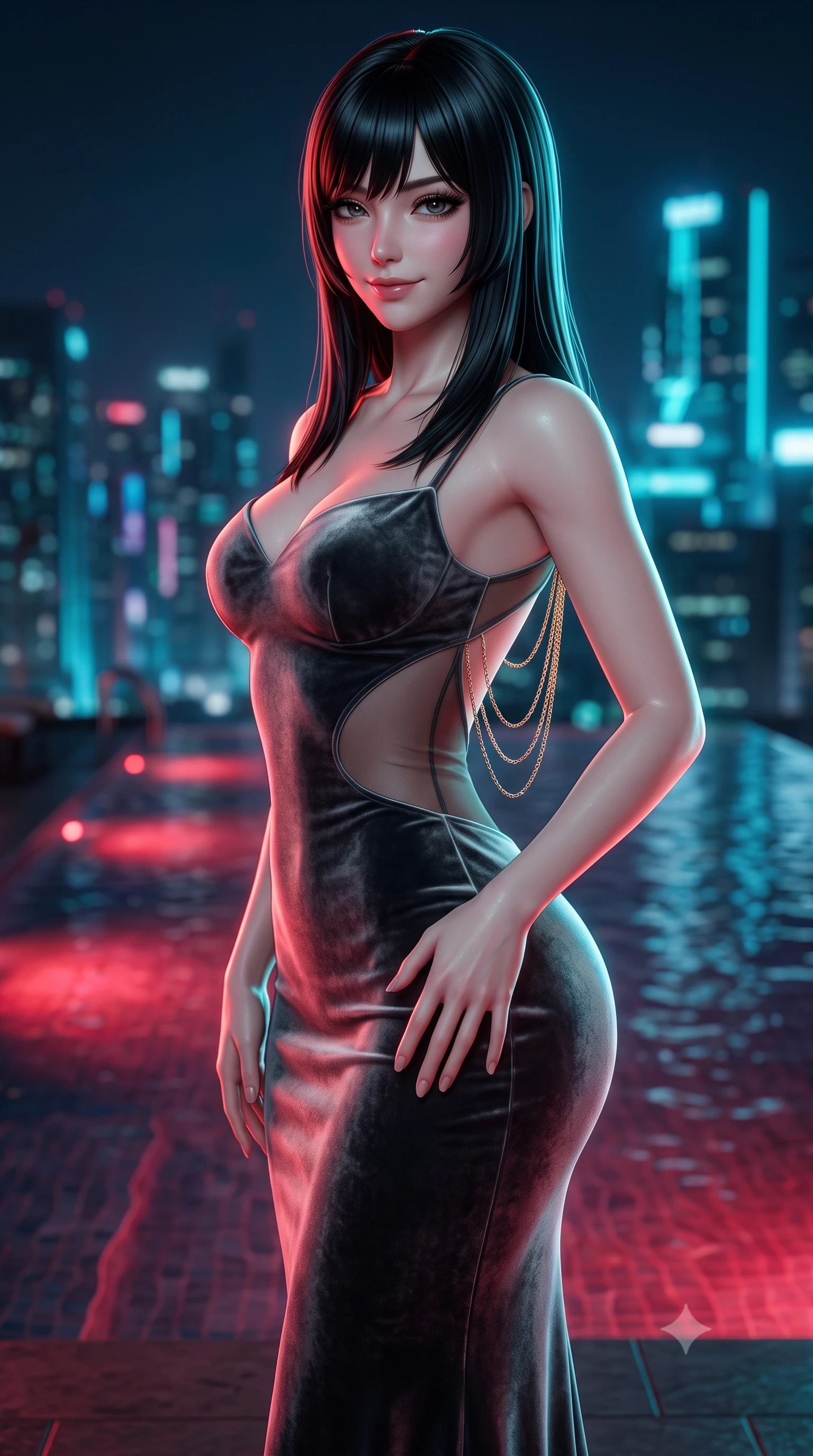 score_9, masterpiece, best quality, ultra-detailed, high-budget anime keyframe, semi-realistic 3D game render, editorial fashion photography, tasteful artistic composition, Caucasian woman. close-up cowboy shot from the waist and thighs up, the character dominates the composition, filling the frame with her large presence. tilting her head with a teasing half-smile, running one hand slowly down the side of her hip in a flirtatious S-curve as ambient light caresses her silhouette while twisting her slender torso in an alluring S-curve at the water's edge, glowing underwater crimson lamps and neon city reflections tracing her curves. The background shows a soft-focus infinity edge water overflow softened in cinematic cyber-luxury shallow focus. She has an exceptionally elegant, slender, and willowy female figure with an ultra-slim waist, flat toned midriff, narrow ribcage, and sculpted feminine hips creating an alluring, slim hourglass silhouette without bulk. sharp v-shaped jawline, high-bridge nose, sparkling eyes with hypnotic seductive depth, thick curled eyelashes, glossy parted lips with a natural dewy peach sheen, alluring bedroom-eyes with an enchanting coquettish smile, exuding magnetic siren charisma and sophisticated glamour, flawlessly proportioned anatomical accuracy, strict slender model proportions, natural body alignment, perfectly sculpted long slender limbs, ultra-slim waistline, clean dynamic posture without body distortion. wearing a deep sweetheart-neckline velvet bodycon dress with sheer side-torso cutouts accentuating her hourglass curves in smoky charcoal and metallic platinum, made of semi-opaque stretch illusion mesh with soft shadowy contours, accented with an open-back drape framed by falling strands of delicate gold chains, the form-contouring silhouette accentuating her sculpted flat midriff, narrow delicate ribcage, and gracefully curvy hips with intoxicating allure. bathed in warm underwater crimson pool illumination paired with cold neon cyan ambient skyline glow. highly saturated vibrant anime colors, detailed shading with soft gradients, rich glossy textures, high-contrast stereoscopic depth, volumetric dynamic lighting, master piece, 9:16 ratio