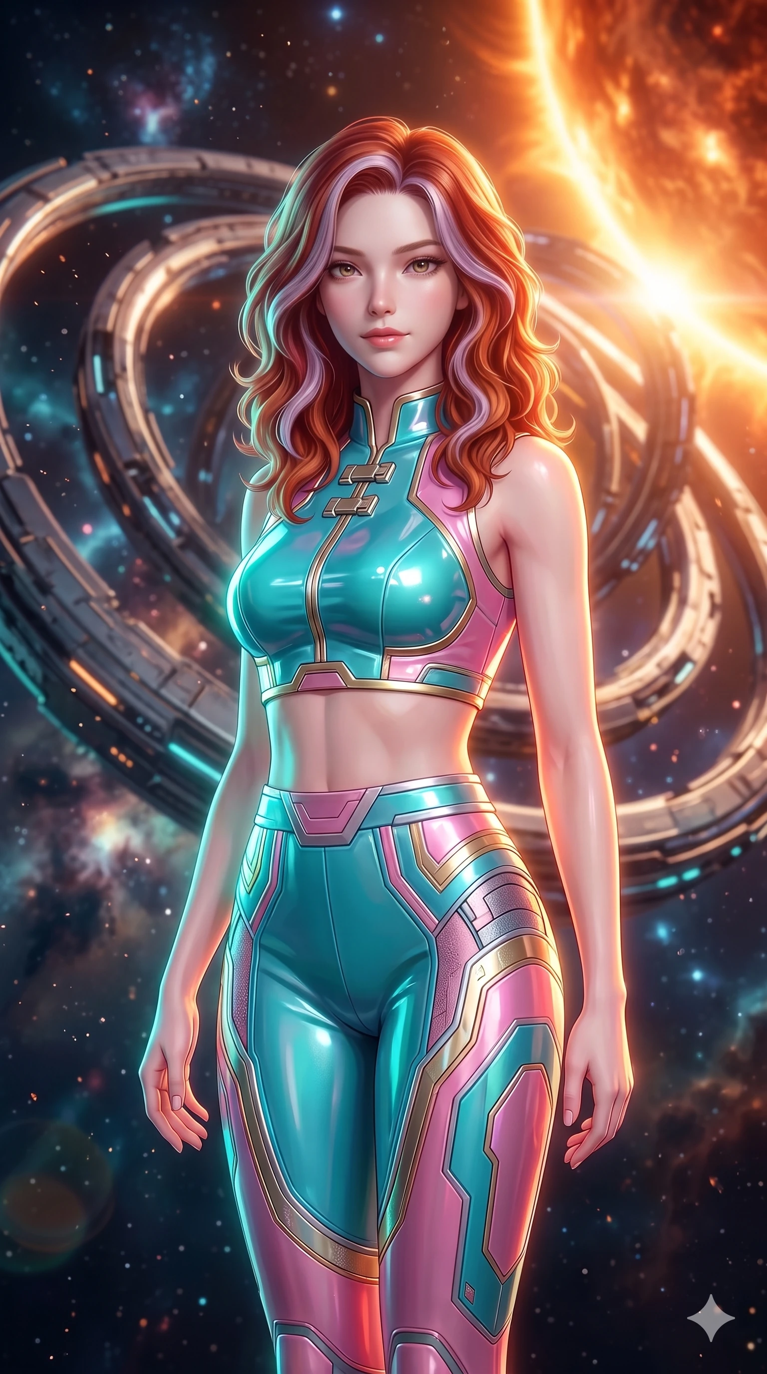 score_9, masterpiece, best quality, ultra-detailed, high-budget anime keyframe, semi-realistic 3D game render, editorial fashion photography, tasteful artistic composition, Caucasian woman. close-up cowboy shot from the waist and thighs up, the character dominates the composition, filling the frame with her large presence. turning slowly with an enchanting smoldering smile, her glossy hair tossing in the breeze as her hips angle gracefully in a captivating contrapposto while twisting her slender torso in an alluring S-curve, blinding golden corona rays curving dynamically around her flat midriff and hourglass curves. The surrounding environment is rendered in vivid detail and crisp panoramic clarity: sharp concentric ring track segments, solar prominence filaments, and crisp shadow edges in deep focus. She has an exceptionally elegant, slender, and willowy female figure with an ultra-slim waist, flat toned midriff, narrow ribcage, and sculpted feminine hips creating an alluring, slim hourglass silhouette without bulk. sharp v-shaped jawline, high-bridge nose, intricate jewel-like sparkling eyes with depth, thick eyelashes, glossy parted lips with a natural peach sheen, bright cheerful beaming smile with an enchanting and coquettish sensual glint, exuding both youthful cute charm and seductive allure, flawlessly proportioned anatomical accuracy, strict slender model proportions, natural body alignment, perfectly sculpted long slender limbs, ultra-slim waistline, clean dynamic posture without body distortion. wearing a glossy vinyl crop top and high-waist tailored leggings with sleek chrome zippers and exposed midriff in subterranean lagoon turquoise and lotus blossom pink, made of fluid liquid jersey with seamless sculpting hold and smooth contours, complemented by strappy stiletto sandals with metallic ankle wraps accentuating her slender calves, the impeccably tailored cut draping gracefully along her slender figure with aristocratic poise. illuminated by ring deck reflection bounce and intense corona-gold rim lights defining her jawline, narrow waist, and curvy hips. highly saturated vibrant anime colors, detailed shading with soft gradients, rich glossy textures, high-contrast stereoscopic depth, volumetric dynamic lighting, master piece, 9:16 ratio