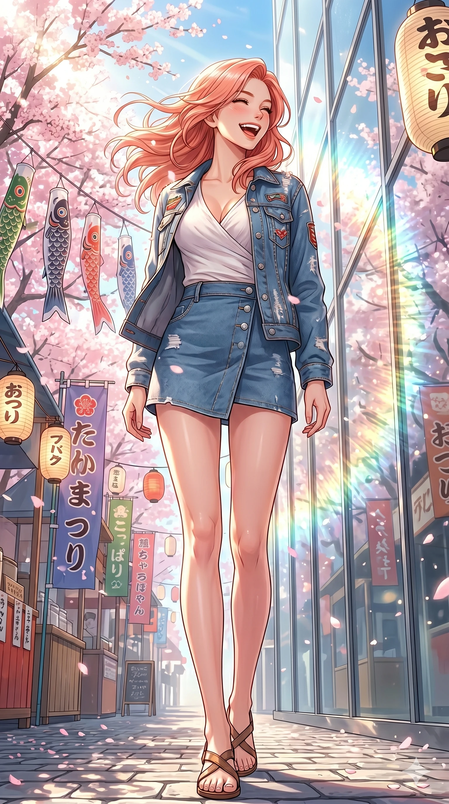 score_9, masterpiece, best quality, ultra-detailed, high-budget anime keyframe, vibrant anime aesthetic, Japanese woman. low angle full-body shot from head to toe showing her feet, filling the entire 9:16 vertical frame with her statuesque presence, stretching her vertical silhouette. She is turning her head with a wind-swept laugh and a bright, cheerful expression by a vibrant spring flower festival street with colorful banners and bright sunlight (Code-P20-010). She has an absolutely perfect 8-heads proportion, an exceptionally tall and slender female figure with impossibly long slender legs and an ultra-slim waist. V-shaped jawline, high-bridge nose, intricate jewel-like eyes with depth, thick eyelashes, glossy lips with a natural sheen. wearing a modern fusion denim jacket over a cotton wrap top and denim skirt. She is bathed in bright morning sun reflecting off the glass panels, creating a glowing aura. 2k, ultra detail, master piece, 9:16 ratio