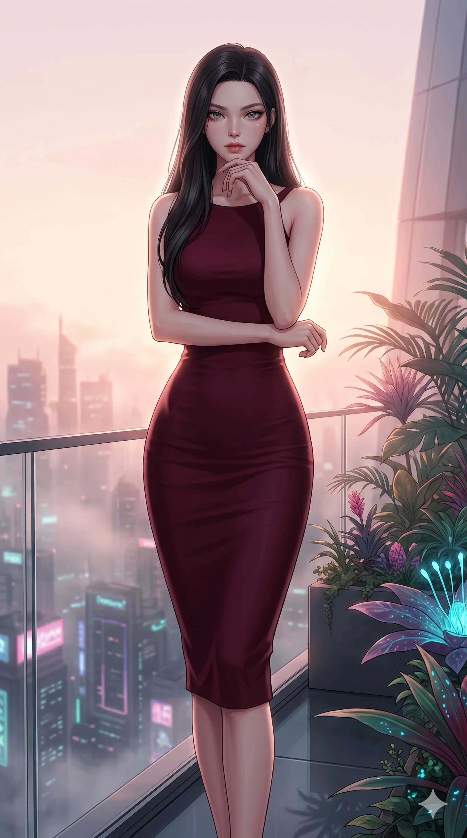 score_9, masterpiece, best quality, ultra-detailed, high-budget anime keyframe, editorial fashion photography, tasteful artistic composition, Korean woman. cowboy shot from the thighs up, character and outfit filling the frame for maximum editorial presence. Resting her chin on the backs of her fingers in a confident pose at the edge of a futuristic rooftop garden overlooking a neon-drenched megalopolis at night. She has an absolutely perfect 8-heads proportion, an exceptionally tall and slender female figure with impossibly long slender legs and an ultra-slim waist. V-shaped jawline, high-bridge nose, intricate jewel-like eyes with depth, thick eyelashes, glossy lips with a natural sheen. wearing a deep burgundy bodycon midi dress with a modest front neckline and a dramatically dramatically open open back held by a single elegant strap, the fitted fabric form-sculpting every curve of her slender body. bathed in soft rose-gold dawn light filtering through atmospheric volumetric fog that wraps her silhouette. 2k, ultra detail, master piece, 9:16 ratio