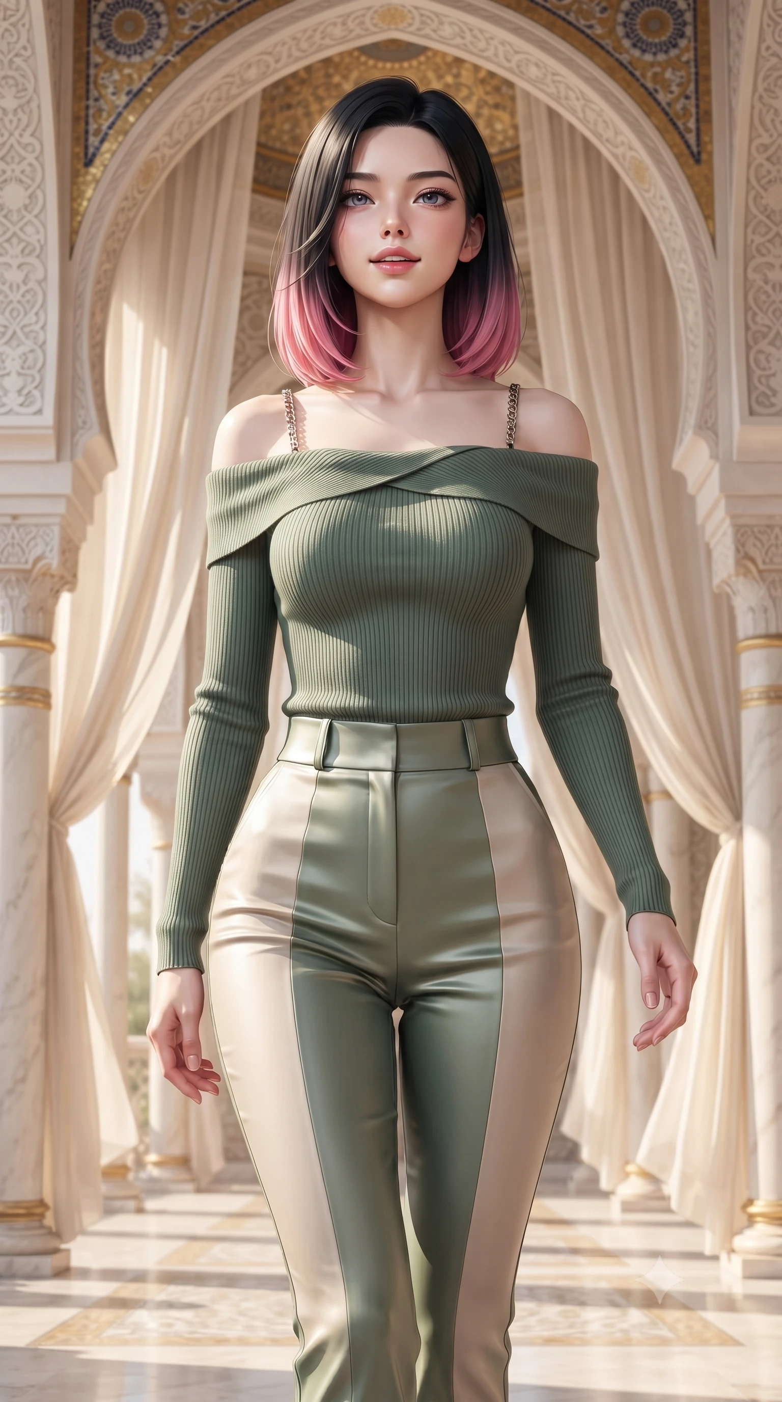 score_9, masterpiece, best quality, ultra-detailed, high-budget anime keyframe, editorial fashion photography, tasteful artistic composition, Korean woman. close-up cowboy shot from the waist and thighs up, the character dominates the composition, filling the frame with her large presence, background elements kept in soft focus. Tilting her chin up slightly with lips parted in a magnetic, composed expression walking through an open-air colonnade with billowing silk gossamer curtains, opulent gold-leaf trim and carved ivory archways framed beautifully. She has an exceptionally elegant, slender, and willowy female figure with an ultra-slim waist, a gracefully sculpted slender torso, and a refined silhouette. sharp v-shaped jawline, high-bridge nose, intricate jewel-like eyes with depth, thick eyelashes, glossy lips with a natural sheen. wearing a sleek off-shoulder ribbed knit top paired with high-waist tailored pants in sage green and oatmeal, crafted from smooth liquid silk, adorned with delicate metallic chain straps along the neckline, the tailored fabric tightly following every curve of her athletic build. lit by brilliant warm key light softening into smooth, elegant gradients. highly saturated vibrant anime colors, detailed shading with soft gradients, rich glossy textures, high-contrast stereoscopic depth, volumetric dynamic lighting, master piece, 9:16 ratio