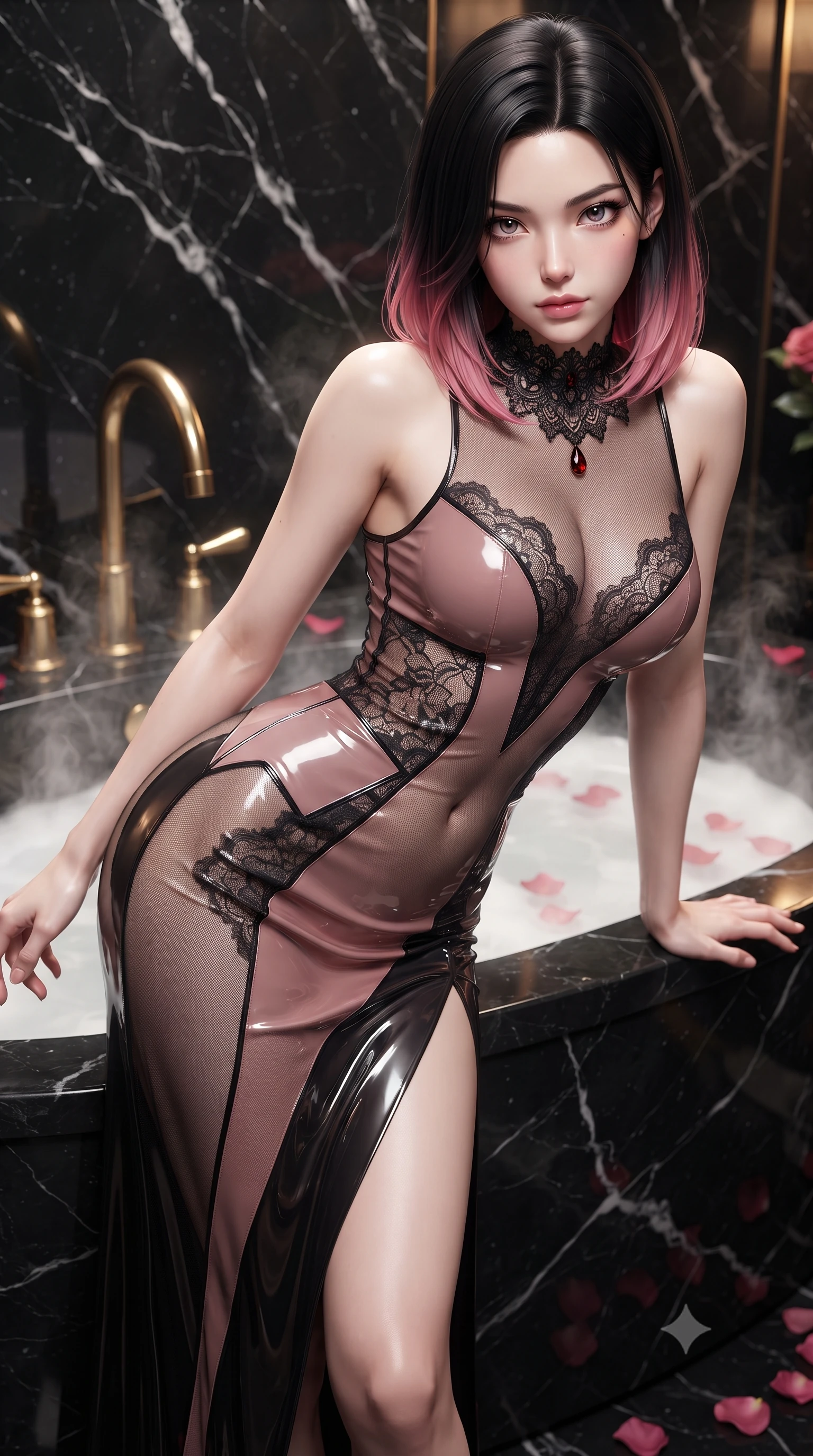 score_9, masterpiece, best quality, ultra-detailed, high-budget anime keyframe, editorial fashion photography, tasteful artistic composition, Korean woman. close-up cowboy shot from the waist and thighs up, the character dominates the composition, filling the frame with her large presence. leaning forward while arching her lower back to accentuate her curvy hips, looking into the camera with an intoxicating smoldering gaze and bedroom-eyes while leaning back against the steaming black stone tub with hips cocked back, looking into the lens with an intoxicating, smoldering gaze. The surrounding environment is rendered in vivid detail and crisp panoramic clarity: sharp Nero Marquina marble veining, gilded brass swan-neck faucet details, and floating rose petal textures in deep focus. She has an exceptionally elegant, slender, and willowy female figure with an ultra-slim waist, flat toned midriff, narrow ribcage, and sculpted feminine hips creating an alluring, slim hourglass silhouette without bulk. sharp v-shaped jawline, high-bridge nose, sparkling eyes with hypnotic seductive depth, thick curled eyelashes, glossy parted lips with a natural dewy peach sheen, alluring bedroom-eyes with an enchanting coquettish smile, exuding magnetic siren charisma and sophisticated glamour, flawlessly proportioned anatomical accuracy, strict slender model proportions, natural body alignment, perfectly sculpted long slender limbs, ultra-slim waistline, clean dynamic posture without body distortion. wearing a provocative sheer illusion mesh column gown with opaque geometric panels strategically hugging her curves in dusky blush rose and antique black lace, crafted from wet-look high-gloss vinyl fabric with dazzling specular surface reflections, accented with an ornate black lace Victorian choker featuring a single blood-red teardrop garnet, the high-slit wrap tailoring accentuating her ultra-slim waistline and the enchanting curve of her feminine hips with alluring seductive charm. illuminated by bathwater reflection bounce and sharp warm-gold rim lights defining her delicate clavicles, ultra-slim waist, and curvy hips. ultra-reflective glossy finish, specular highlights, rich textural contrasts, high-contrast stereoscopic depth, volumetric dynamic lighting, 2k, ultra detail, master piece, 9:16 ratio