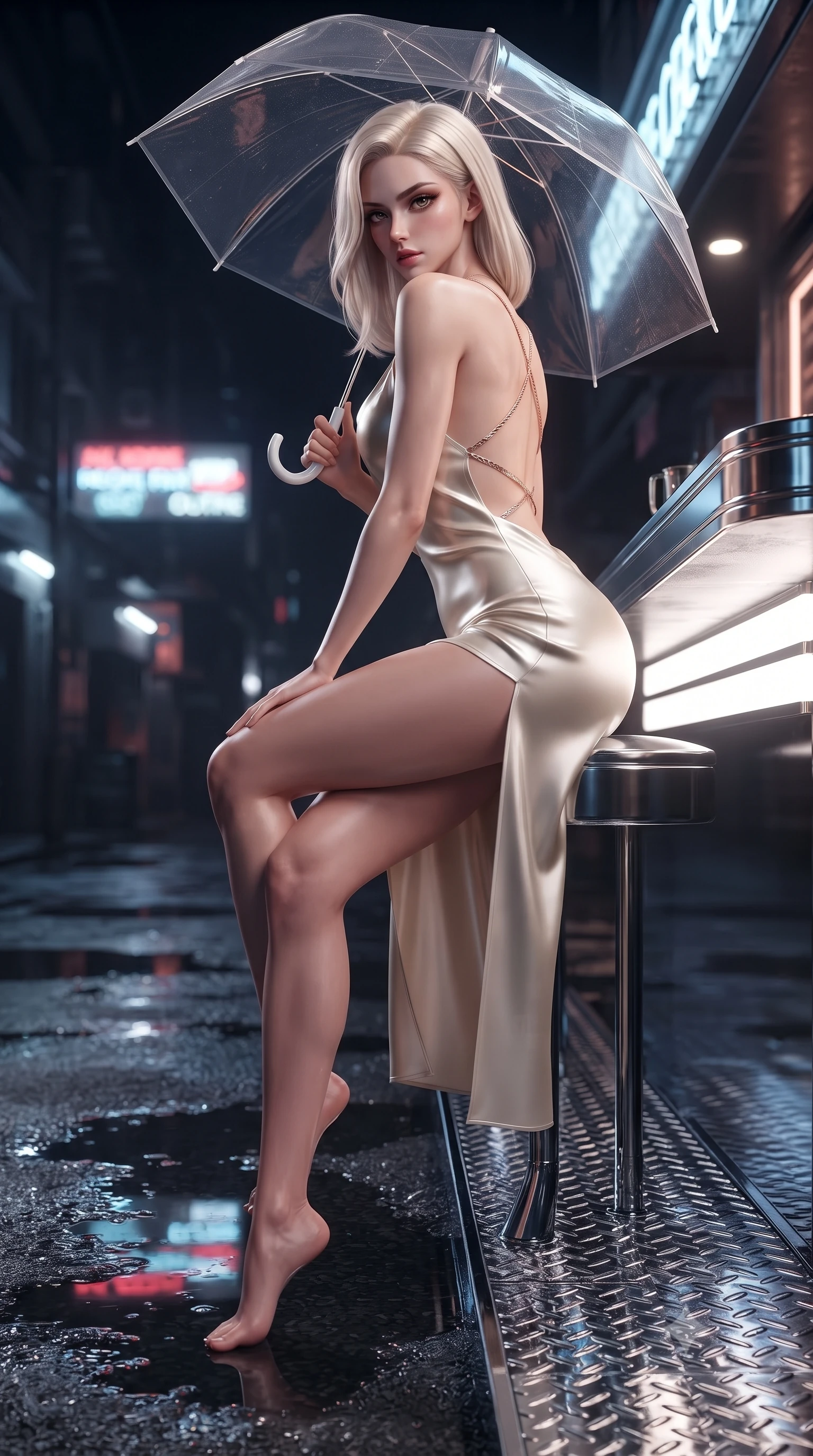 score_9, masterpiece, best quality, ultra-detailed, high-budget anime keyframe, editorial fashion photography, tasteful artistic composition, Caucasian woman. low angle full-body shot from head to toe showing her feet, filling the entire 9:16 vertical frame with her statuesque presence, stretching her vertical silhouette. sitting perched on the elevated edge with hips angled toward the camera and legs crossed, displaying her toned midriff and flawlessly sculpted slender limbs while leaning against an illuminated chrome bar counter with hips cocked back, glancing over a bare shoulder with dangerous bedroom-eyes through a transparent vinyl umbrella. The surrounding environment is rendered in vivid detail and crisp panoramic clarity. sharp chrome grating textures, wet asphalt puddle reflections, and neon glass filament clarity in deep focus. She has an exceptionally tall and slender model-like 8.5-heads proportion, an ultra-slim waist, a flat toned midriff, narrow delicate ribcage, and beautifully sculpted feminine hips creating a graceful, slim hourglass silhouette without any bulky heaviness, with impossibly long slender legs. sharp v-shaped jawline, high-bridge nose, intricate jewel-like eyes with depth, thick eyelashes, glossy parted lips with a natural sheen, intensely captivating and seductive bedroom-eyes expression, flawlessly proportioned anatomical accuracy, strict slender model proportions, natural body alignment, perfectly sculpted long slender limbs, ultra-slim waistline, clean dynamic posture without body distortion. wearing a backless cowl-neck satin slip dress featuring high-cut side hip slits and delicate criss-cross back straps in vintage champagne ivory and delicate rose gold, formed from supple second-skin lambskin leather with specular sheen, finished with criss-cross back satin straps highlighting her graceful shoulder blades, the glove-like aerodynamic silhouette tightly following the natural contour of her hips and long slender legs with statuesque 8.5-heads elegance. illuminated by wet ground specular reflections accentuating her sculpted midriff, narrow waist, and curvy hips. ultra-reflective glossy finish, specular highlights, rich textural contrasts, high-contrast stereoscopic depth, volumetric dynamic lighting, 2k, ultra detail, master piece, 9:16 ratio