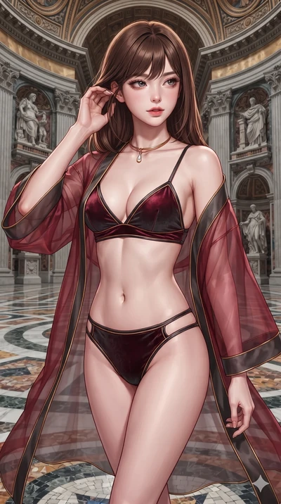 Korean woman. gently brushing a lock of glossy hair behind her ear while casting a playful, flirtatious side-gaze with long eyelashes while stepping gracefully across the mosaic marble floor, her long slender legs and curvy hourglass hips commanding the monumental rotunda. The surrounding environment is rendered in vivid detail and crisp...