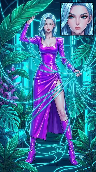score_9, masterpiece, best quality, ultra-detailed, High-budget Anime Keyframe, East Asian woman. Dynamic full-body shot stretching the vertical silhouette to the limit. Scenario 512: tangled in a web of glowing cyan fiber-optic cables inside a cyber