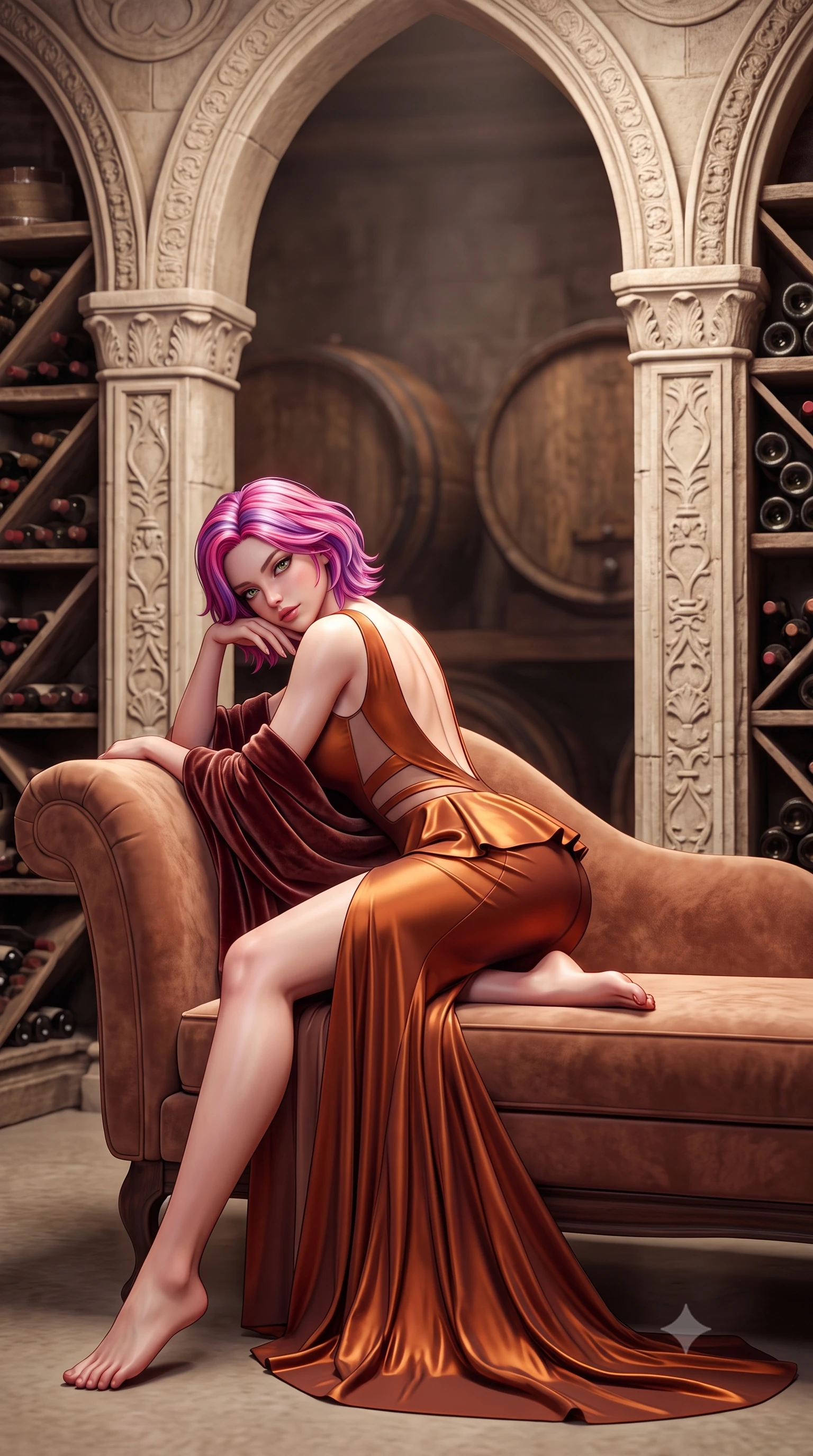 score_9, masterpiece, best quality, ultra-detailed, high-budget anime keyframe, semi-realistic 3D game render, editorial fashion photography, tasteful artistic composition, Caucasian woman. low angle full-body shot from head to toe showing her feet, filling the entire 9:16 vertical frame with her statuesque presence, stretching her vertical silhouette. reclining on her side in an elegant Cleopatra pose with one knee drawn up, the dramatic contour of her rounded hips and long slender legs commanding the 9:16 vertical frame while standing poised between towering limestone arches and dusty vintage wine racks, twisting her torso in a deep contrapposto stance to display her feminine hourglass curves. The composition keeps background elements in soft focus with creamy bokeh. towering carved limestone vaults and heavy oak cask silhouettes softened in atmospheric shallow focus. She has an absolutely perfect, statuesque 8.5-heads proportion, an exceptionally tall and slender model-like female figure with impossibly long slender legs, a toned flat midriff, an ultra-slim waist, and beautifully sculpted feminine hips. sharp v-shaped jawline, high-bridge nose, intricate jewel-like eyes with depth, thick eyelashes, glossy parted lips with a natural sheen, intensely captivating and seductive bedroom-eyes expression, flawlessly proportioned anatomical accuracy, strict slender model proportions, natural body alignment, perfectly sculpted long slender limbs, ultra-slim waistline, clean dynamic posture without body distortion. wearing a structural geometric peplum gown with sheer side-ribbon cutouts and form-fitting skirt in aged tawny port amber and molten copper, tailored from liquid silk jersey adhering flawlessly to her slender build, complemented by a plush velvet shawl draped loosely over her elbows, the dramatically scooped open back descending to the base of her spine, accentuating her razor-sharp statuesque lines and curvy hourglass silhouette. surrounded by an opulent, intimate, and dangerously intoxicating vintage wine empress aura. highly saturated vibrant anime colors, detailed shading with soft gradients, rich glossy textures, high-contrast stereoscopic depth, volumetric dynamic lighting, master piece, 9:16 ratio