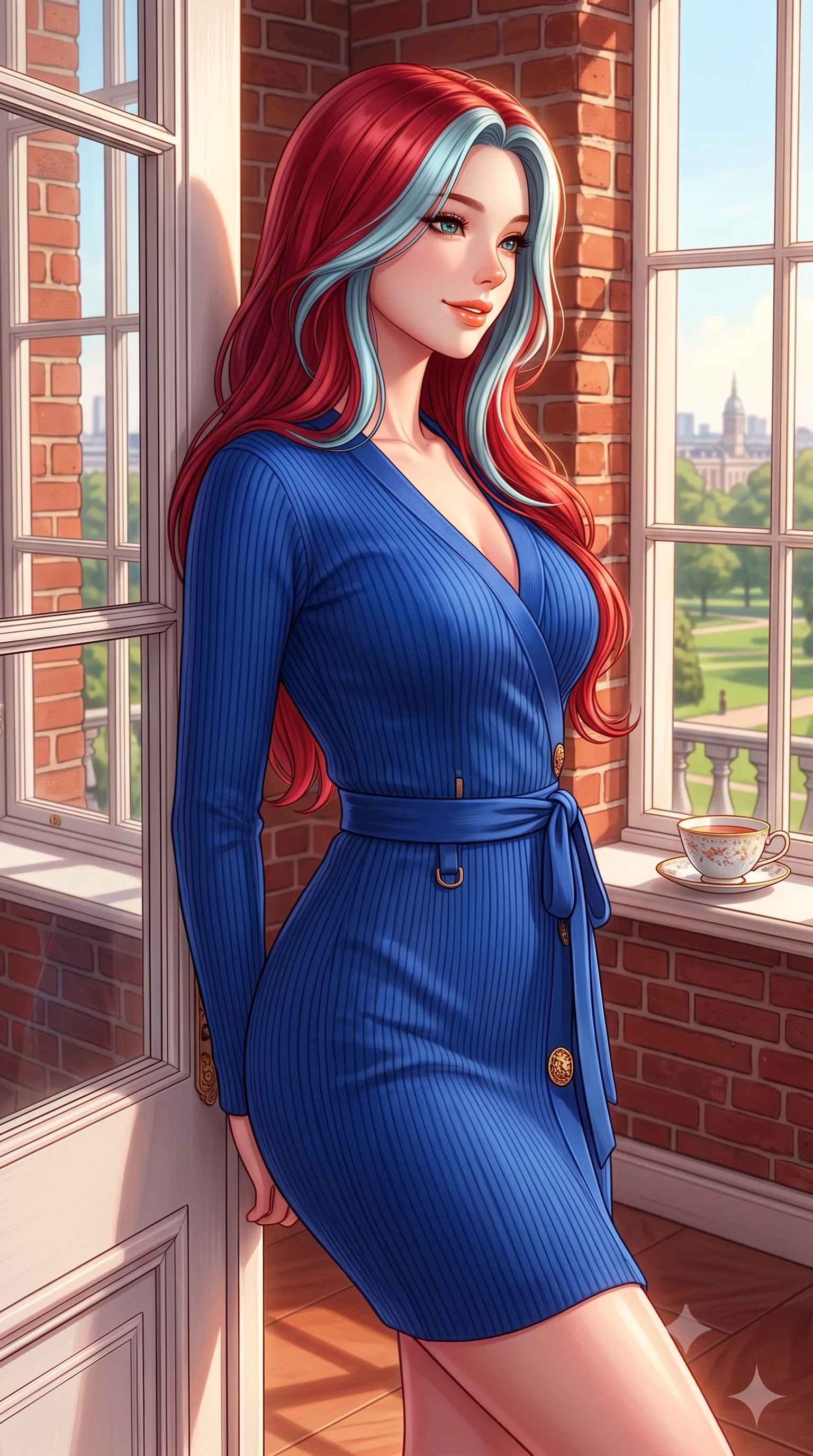 score_9, masterpiece, best quality, ultra-detailed, high-budget anime keyframe, semi-realistic 3D game render, editorial fashion photography, tasteful artistic composition, Caucasian woman. close-up cowboy shot from the waist and thighs up, the character dominates the composition, filling the frame with her large presence. turning in an alluring three-quarter profile with head tilted, her glossy parted lips and jewel-like eyes catching the warm light while leaning against the ornate French double doors looking out toward Kensington Gardens with a serene, captivating expression. The surrounding environment is rendered in vivid detail and crisp panoramic clarity: sharp red-brick masonry relief, delicate white painted window mullions, and fine porcelain teacup glaze in deep focus. She has an exceptionally elegant, slender, and willowy female figure with an ultra-slim waist, flat toned midriff, narrow ribcage, and sculpted feminine hips creating an alluring, slim hourglass silhouette without bulk. sharp v-shaped jawline, high-bridge nose, intricate jewel-like sparkling eyes with depth, thick eyelashes, glossy parted lips with a natural peach sheen, bright cheerful beaming smile with an enchanting and coquettish sensual glint, exuding both youthful cute charm and seductive allure, flawlessly proportioned anatomical accuracy, strict slender model proportions, natural body alignment, perfectly sculpted long slender limbs, ultra-slim waistline, clean dynamic posture without body distortion. wearing a form-fitting ribbed silk-cashmere wrap dress with a cinched sash belt framing her feminine hourglass proportions in royal sapphire blue and antique brushed bronze, made of high-gauge compact silk knit that hugs her curves with seamless sculpted precision, accented with an ornate 24k gold lion-embossed crest button along the snug front closure, the form-contouring silhouette accentuating her sculpted flat midriff, narrow delicate ribcage, and gracefully curvy hips with intoxicating allure. illuminated by terracotta floor reflection fill and warm golden rim lights defining her delicate collar and willowy silhouette. highly saturated vibrant anime colors, detailed shading with soft gradients, rich glossy textures, high-contrast stereoscopic depth, volumetric dynamic lighting, master piece, 9:16 ratio