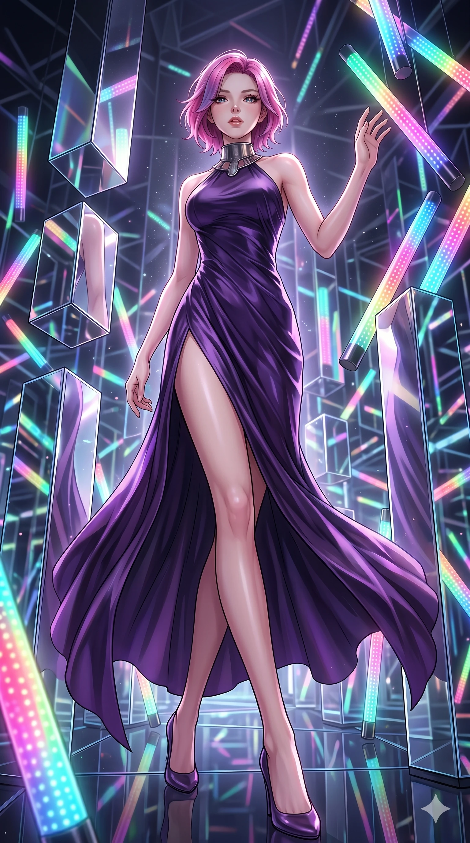 score_9, masterpiece, best quality, ultra-detailed, high-budget anime keyframe, Korean woman. low angle full-body shot filling the entire 9:16 frame with her statuesque presence, stretching the vertical silhouette. navigating a kinetic light-sculpture mirror maze, passing between floating chromium mirror pillars and rotating LED sticks. She has an absolutely perfect 8-heads proportion, an exceptionally tall and slender female figure with impossibly long slender legs and an ultra-slim waist. V-shaped jawline, high-bridge nose, intricate jewel-like eyes with depth, thick eyelashes, glossy lips with a natural sheen.. wearing a gothic liquid silk gown, featuring a deep purple liquid silk maxi gown draped around her, secured by a metallic choker collar, with a high side slit. illuminated by dramatic chiaroscuro casting soft shadows along her curves, with vibrant backlighting highlighting the dust particles. 2k, ultra detail, master piece, 9:16 ratio