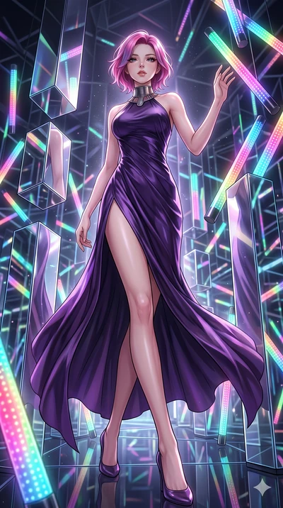 score_9, masterpiece, best quality, ultra-detailed, high-budget anime keyframe, Korean woman. low angle full-body shot filling the entire 9:16 frame with her statuesque presence, stretching the vertical silhouette. navigating a kinetic light-sculptur