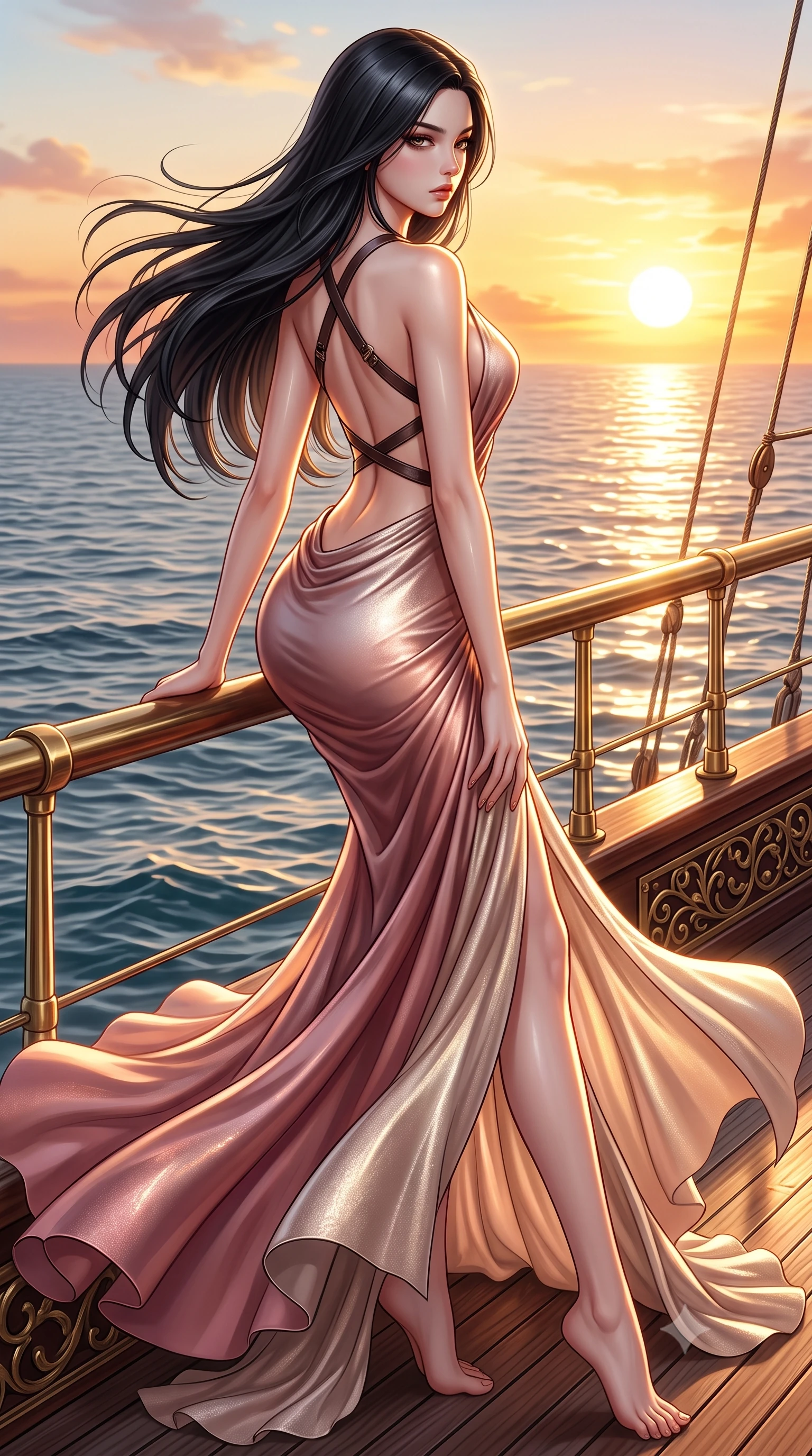 score_9, masterpiece, best quality, ultra-detailed, high-budget anime keyframe, semi-realistic 3D game render, editorial fashion photography, tasteful artistic composition, Korean woman. low angle full-body shot from head to toe showing her feet, filling the entire 9:16 vertical frame with her statuesque presence, stretching her vertical silhouette. striding forward in a proud supermodel runway stride, hips swaying in an alluring kinetic rhythm that accentuates her curvy hourglass silhouette while perching sideways on the ship's rail with hips tilted in an alluring contrapposto stance, casting a smoldering gaze toward the setting sun. The surrounding environment is rendered in vivid detail and crisp panoramic clarity. detailed silk chiffon weave, brass lantern filigree, and calm sea water ripple clarity in high resolution. She has an exceptionally tall and slender model-like 8.5-heads proportion, an ultra-slim waist, a flat toned midriff, narrow delicate ribcage, and beautifully sculpted feminine hips creating a graceful, slim hourglass silhouette without any bulky heaviness, with impossibly long slender legs. sharp v-shaped jawline, high-bridge nose, intricate jewel-like eyes with depth, thick eyelashes, glossy parted lips with a natural sheen, intensely captivating and seductive bedroom-eyes expression, flawlessly proportioned anatomical accuracy, strict slender model proportions, natural body alignment, perfectly sculpted long slender limbs, ultra-slim waistline, clean dynamic posture without body distortion. wearing an open-back duchess satin gala gown with a dramatic hip-hugging drape and cascading trailing hem in dusky blush rose and champagne shimmer, crafted from luxurious metallic lamé that shifts radiance with every step, featuring an open-back criss-cross harness strap in dark leather, the form-contouring material adhering flawlessly to her sculpted flat midriff and slender torso, emphasizing her long leg lines and perfectly proportioned willowy build. illuminated by intense golden specular reflections sculpting her bare collarbones, ultra-slim waist, and curvy hips. highly saturated vibrant anime colors, detailed shading with soft gradients, rich glossy textures, high-contrast stereoscopic depth, volumetric dynamic lighting, master piece, 9:16 ratio