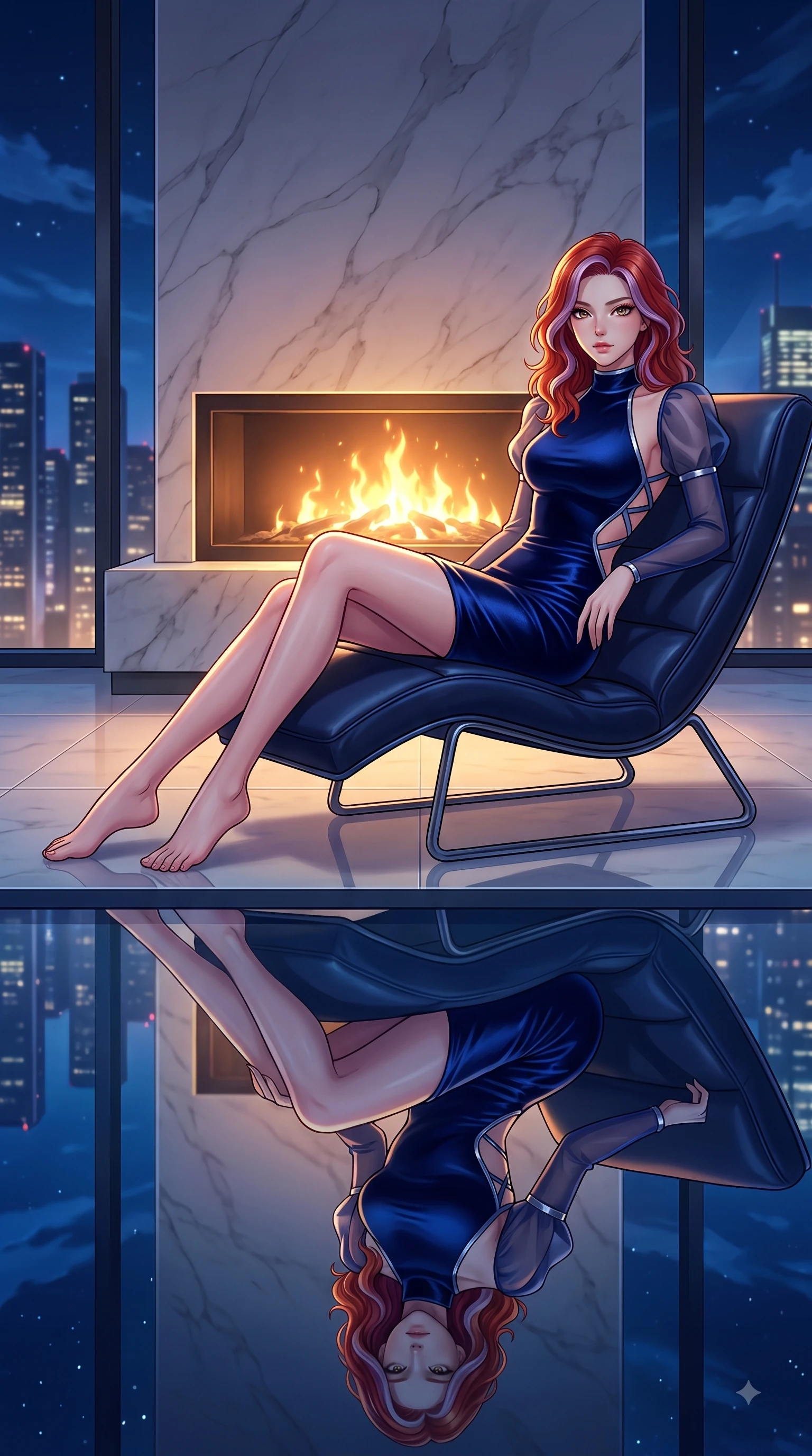 score_9, masterpiece, best quality, ultra-detailed, high-budget anime keyframe, editorial fashion photography, tasteful artistic composition, Caucasian woman. low angle full-body shot from head to toe showing her feet, filling the entire 9:16 vertical frame with her statuesque presence, stretching her vertical silhouette. performing an athletic mid-air rotation with flawless poise, her vertical silhouette beautifully stretched while resting on a leather lounge chair by a marble fireplace as soft golden hearth embers highlight her slender torso, still pool water reflecting her statuesque figure and the dramatic night sky flawlessly. She has an absolutely perfect, statuesque 8.5-heads proportion, an exceptionally tall and slender model-like female figure with impossibly long slender legs and an ultra-slim waist. sharp v-shaped jawline, high-bridge nose, intricate jewel-like eyes with depth, thick eyelashes, glossy lips with a natural sheen, flawlessly proportioned anatomical accuracy, natural body alignment, perfectly sculpted elegant limbs, clean dynamic posture without body distortion. wearing a sleek bodycon knit dress with strategic sheer organza sleeve panels in midnight navy blue and chrome trim, made of premium stretch velvet with a rich sheen, complemented by criss-cross back straps highlighting her bare shoulders, the elegant draped fit framing her graceful clavicle and slender torso. illuminated by glowing hearth embers and dramatic city night rim light. highly saturated vibrant anime colors, detailed shading with soft gradients, rich glossy textures, high-contrast stereoscopic depth, volumetric dynamic lighting, master piece, 9:16 ratio