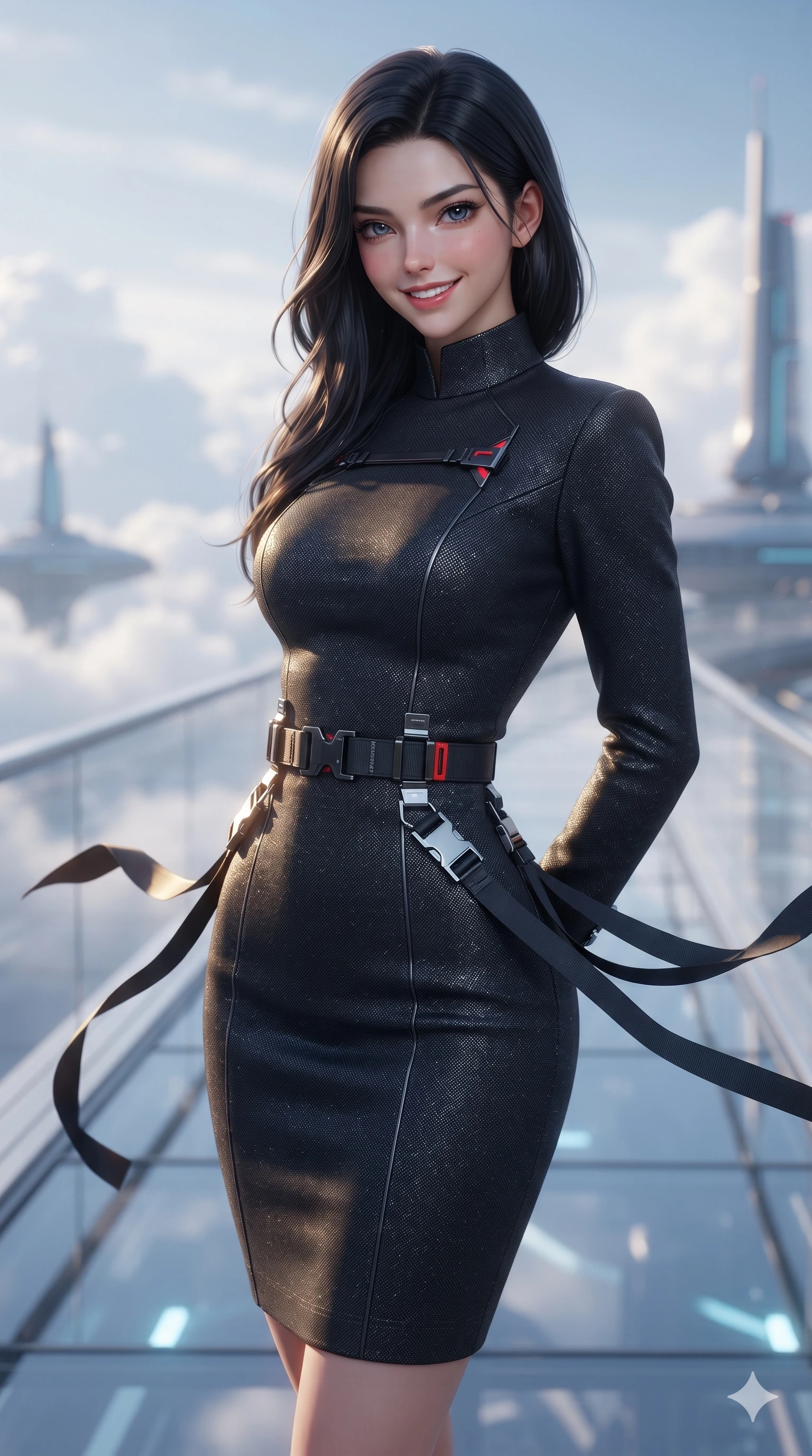 score_9, masterpiece, best quality, ultra-detailed, high-budget anime keyframe, editorial fashion photography, tasteful artistic composition, Korean woman. close-up cowboy shot from the waist and thighs up, the character dominates the composition, filling the frame with her large presence. twisting her slender torso in an alluring S-curve, dynamic rim light painting her narrow waist and curvy hips in fire while standing poised at the center of the glass span, arching her lower back with sovereign supermodel grace as high-altitude winds flutter her tactical ribbons. The background shows a soft-focus high-altitude clouds softened in sci-fi diplomatic promenade shallow focus. She has an exceptionally elegant, slender, and willowy female figure with an ultra-slim waist, flat toned midriff, narrow ribcage, and sculpted feminine hips creating an alluring, slim hourglass silhouette without bulk. sharp v-shaped jawline, high-bridge nose, intricate jewel-like sparkling eyes with depth, thick eyelashes, glossy parted lips with a natural sheen, bright confident smile with an enchanting and coquettish sensual glint, exuding both youthful magnetic charm and sovereign high-tech allure, flawlessly proportioned anatomical accuracy, strict slender model proportions, natural body alignment, perfectly sculpted long slender limbs, ultra-slim waistline, clean dynamic posture without body distortion. wearing a prestigious diplomatic high-neck sci-fi senate coat dress in structured nano-wool with polished titanium clasp hardware in midnight black lacquer and vibrant scarlet neon, woven from high-density tech-wool with subtle metallic thread weave, finished with polished chrome buckle hardware and modular magnetic holster clasps, the bespoke structured tailoring following the natural line of her 8.5-heads silhouette with refined elegance. illuminated by glass floor bounce and sharp azure-gold rim lights defining her razor-sharp jawline, narrow waist, and curvy hips. ultra-reflective glossy finish, specular highlights, rich textural contrasts, high-contrast stereoscopic depth, volumetric dynamic lighting, 2k, ultra detail, master piece, 9:16 ratio