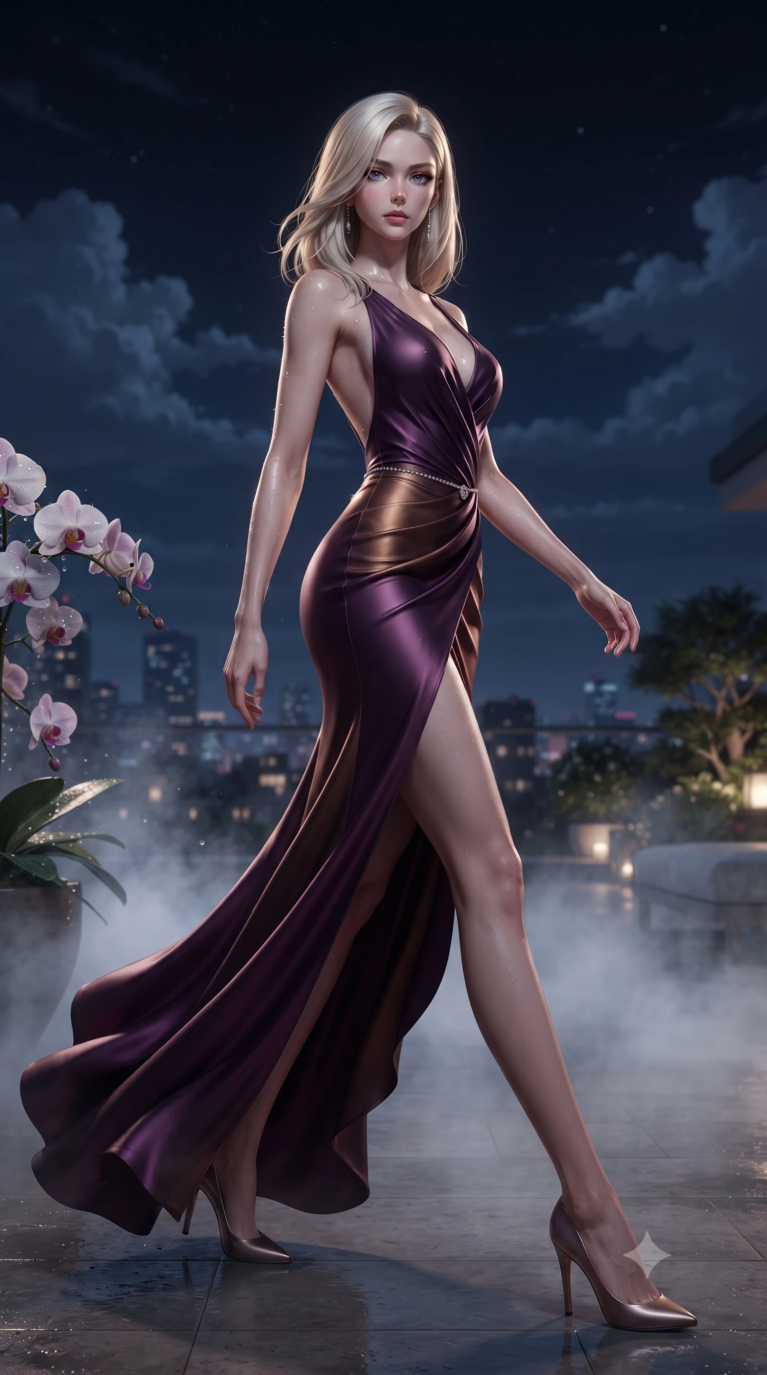 score_9, masterpiece, best quality, ultra-detailed, high-budget anime keyframe, editorial fashion photography, tasteful artistic composition, Caucasian woman. low angle full-body shot from head to toe showing her feet, filling the entire 9:16 vertical frame with her statuesque presence, stretching her vertical silhouette. striding forward in a proud supermodel runway stride, hips swaying in an alluring kinetic rhythm that accentuates her curvy hourglass silhouette while pivoting dynamically on the mist-drenched terrace, night winds whipping her silk drapery to emphasize her tall statuesque proportions. The surrounding environment is rendered in vivid detail and crisp panoramic clarity. detailed high-tech fabric sheen, water droplet beads on orchids, and cloud texture clarity in high resolution. She has an exceptionally tall and slender model-like 8.5-heads proportion, an ultra-slim waist, a flat toned midriff, narrow delicate ribcage, and beautifully sculpted feminine hips creating a graceful, slim hourglass silhouette without any bulky heaviness, with impossibly long slender legs. sharp v-shaped jawline, high-bridge nose, intricate jewel-like eyes with depth, thick eyelashes, glossy parted lips with a natural sheen, intensely captivating and seductive bedroom-eyes expression, flawlessly proportioned anatomical accuracy, strict slender model proportions, natural body alignment, perfectly sculpted long slender limbs, ultra-slim waistline, clean dynamic posture without body distortion. wearing an open-back duchess satin gala gown with a dramatic hip-hugging drape and cascading trailing hem in deep plum violet and antique bronze, tailored from ultra-smooth duchess satin with a pearlescent sheen, accented with a dainty diamond waist chain catching the ambient light reflections, the second-skin form-contouring cut accentuating her sculpted flat midriff, narrow delicate ribcage, and gracefully curvy hips with supermodel precision. illuminated by wet specular highlights accentuating her slender neckline, sculpted waist, and rounded hips. ultra-reflective glossy finish, specular highlights, rich textural contrasts, high-contrast stereoscopic depth, volumetric dynamic lighting, 2k, ultra detail, master piece, 9:16 ratio