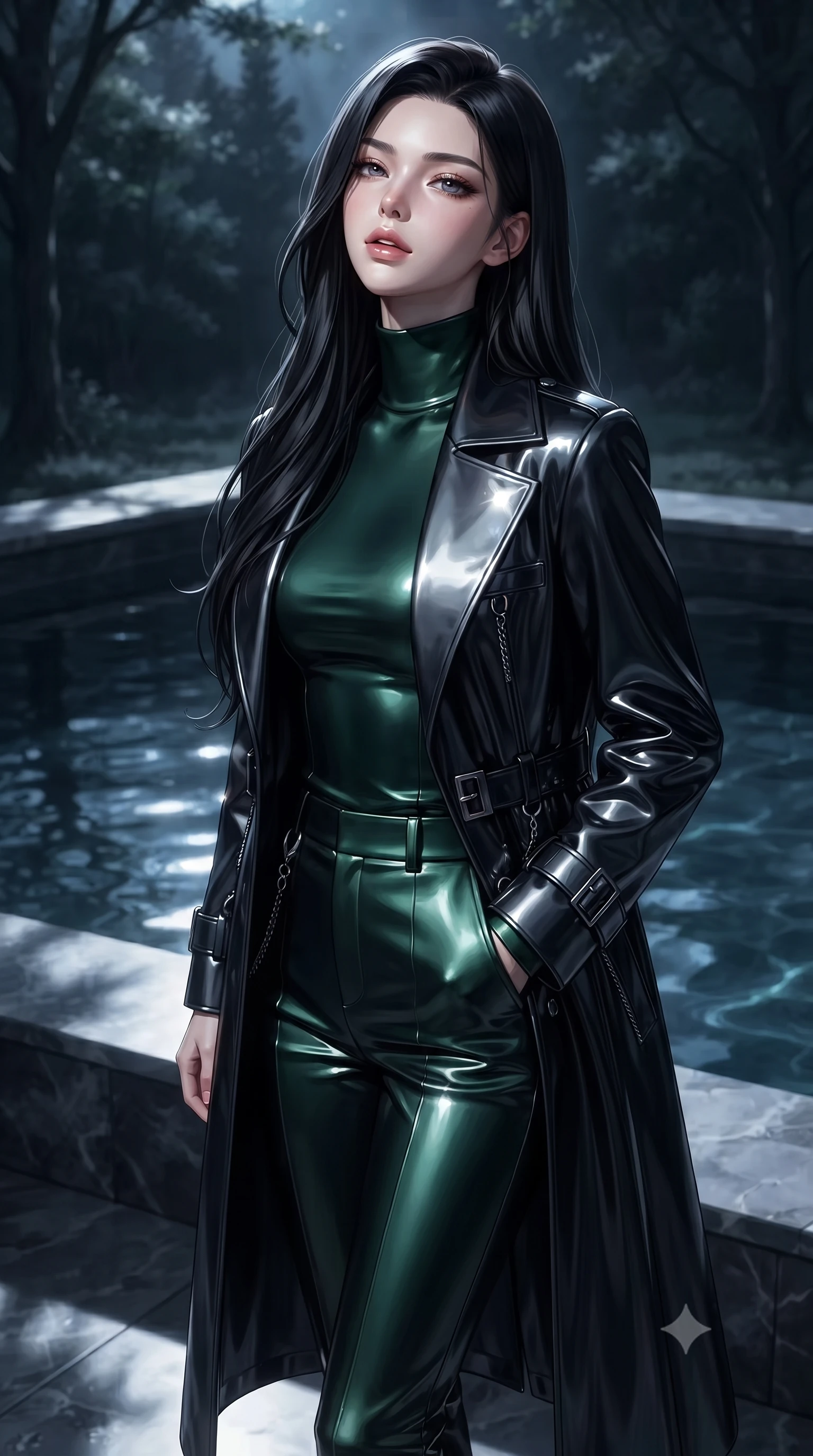 score_9, masterpiece, best quality, ultra-detailed, high-budget anime keyframe, editorial fashion photography, tasteful artistic composition, Korean woman. close-up cowboy shot from the waist and thighs up, the character dominates the composition, filling the frame with her large presence, background elements kept in soft focus. Tilting her chin up slightly with lips parted in a composed, mysterious expression, poised beside a dark stone pool reflecting cold moonlight and shadowy trees, intense cold silver moonbeams casting crisp dramatic shadows across the marble. She has an exceptionally elegant, slender, and willowy female figure with an ultra-slim waist, a gracefully sculpted slender torso, and a refined silhouette. sharp v-shaped jawline, high-bridge nose, intricate jewel-like eyes with depth, thick eyelashes, glossy lips with a natural sheen. wearing structured dark leather long coat over turtleneck and tailored slacks in deep emerald green, made of sculpted obsidian metallic chrome, framed by dark titanium buckles and silver chain details, accentuating her gracefully sculpted slender torso. illuminated by brilliant cold silver moonlight and deep obsidian shadows. ultra-reflective glossy finish, specular highlights, metallic sheen, high-contrast stereoscopic depth, volumetric dynamic lighting, 2k, ultra detail, master piece, 9:16 ratio