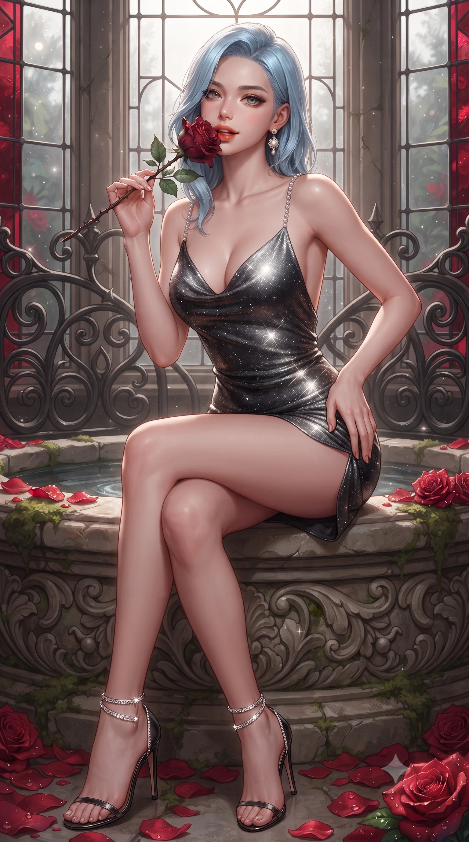 score_9, masterpiece, best quality, ultra-detailed, high-budget anime keyframe, editorial fashion photography, tasteful artistic composition, Korean woman. close-up cowboy shot from the waist and thighs up, the character dominates the composition, filling the frame with her large presence. tilting her head with a teasing half-smile, running one hand slowly down the side of her hip in a flirtatious S-curve as ambient light caresses her silhouette while sitting perched on the carved stone fountain rim with legs crossed, holding a thorny deep-red rose near her parted glossy lips. The surrounding environment is rendered in vivid detail and crisp panoramic clarity: sharp deep-pile red rose petal dew droplets, cast-iron filigree scrollwork, and leaded glass window cames in deep focus. She has an exceptionally elegant, slender, and willowy female figure with an ultra-slim waist, flat toned midriff, narrow ribcage, and sculpted feminine hips creating an alluring, slim hourglass silhouette without bulk. sharp v-shaped jawline, high-bridge nose, sparkling eyes with hypnotic seductive depth, thick curled eyelashes, glossy parted lips with a natural dewy peach sheen, alluring bedroom-eyes with an enchanting coquettish smile, exuding magnetic siren charisma and sophisticated glamour, flawlessly proportioned anatomical accuracy, strict slender model proportions, natural body alignment, perfectly sculpted long slender limbs, ultra-slim waistline, clean dynamic posture without body distortion. wearing a low-cut draped cowl-back satin slip mini dress with dainty pearl spaghetti straps and hip-hugging silhouette in dual-tone high-contrast avant-garde monochrome, woven from stretch metallic lurex jersey casting radiant starlight glints across her silhouette, complemented by strappy stiletto sandals with crystal ankle wraps accentuating her slender calves, the second-skin tailored fabric adhering flawlessly to her sculpted flat midriff and slender torso, emphasizing her long leg lines and perfectly proportioned willowy build. bathed in pure lunar illumination streaming through glass panes mixed with deep red stained-glass refractions. ultra-reflective glossy finish, specular highlights, rich textural contrasts, high-contrast stereoscopic depth, volumetric dynamic lighting, 2k, ultra detail, master piece, 9:16 ratio