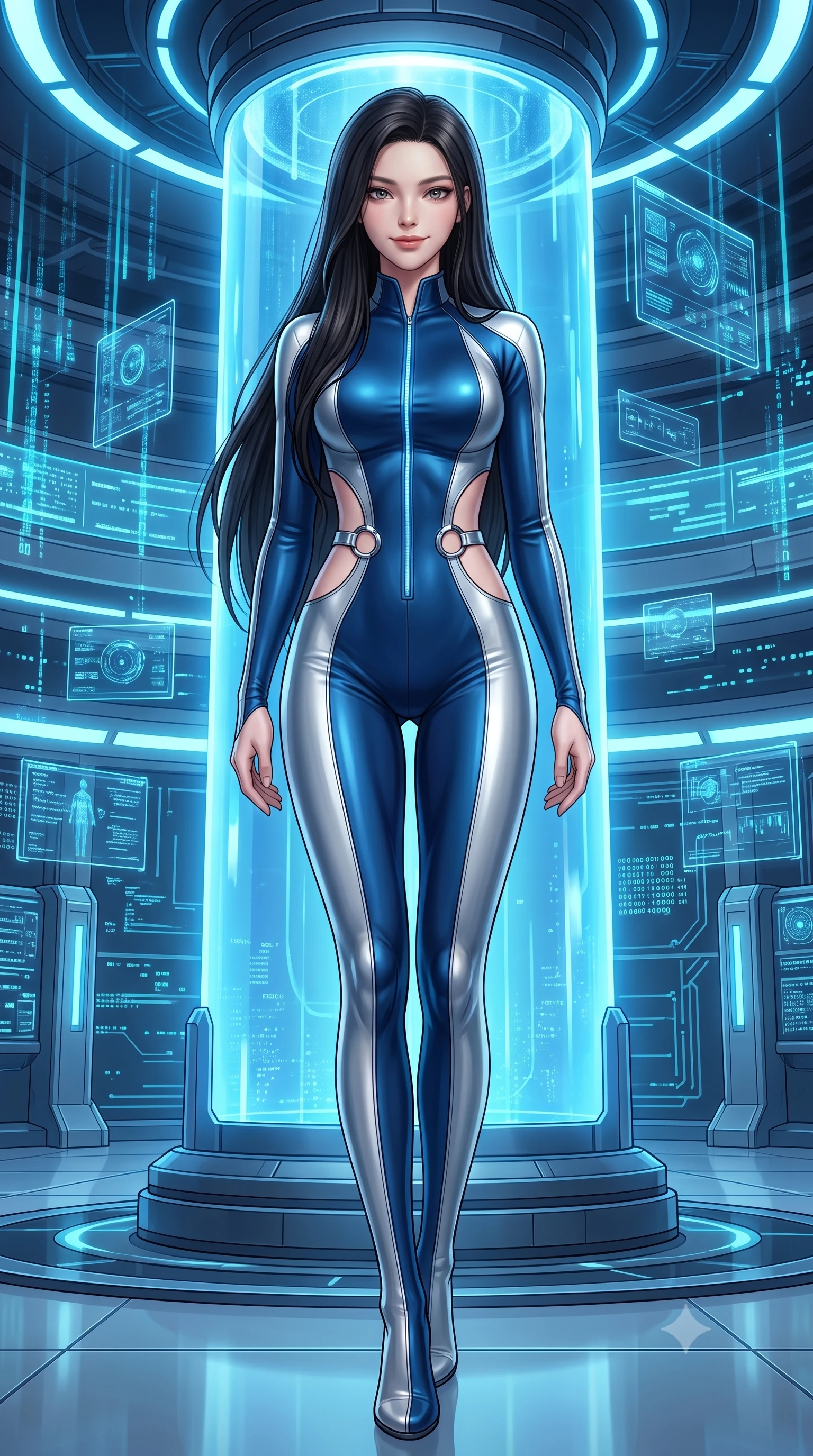 score_9, masterpiece, best quality, ultra-detailed, high-budget anime keyframe, semi-realistic 3D game render, editorial fashion photography, tasteful artistic composition, Korean woman. low angle full-body shot from head to toe showing her feet, filling the entire 9:16 vertical frame with her statuesque presence, stretching her vertical silhouette. striding forward with commanding supermodel grace, her 8.5-heads statuesque silhouette dominating the vertical frame from head to toe while leaning against a glowing blue cryo-column with a wise, captivating smile looking directly into the camera. The surrounding environment is rendered in vivid detail and crisp panoramic clarity. vibrant high-contrast cybernetic lighting and monumental quantum architecture in panoramic precision. She has an absolutely perfect, statuesque 8.5-heads proportion, an exceptionally tall and slender model-like female figure with impossibly long slender legs, a toned flat midriff, and an ultra-slim waist. sharp v-shaped jawline, high-bridge nose, intricate jewel-like eyes with depth, thick eyelashes, glossy lips with a natural sheen, flawlessly proportioned anatomical accuracy, strict slender model proportions, natural body alignment, perfectly sculpted long slender limbs, ultra-slim waistline, clean dynamic posture without body distortion. wearing an ultra-sleek aerodynamic tech-jumpsuit sculpted tightly to her figure, accented with glowing fiber-optic spine lines in liquid platinum silver and deep sapphire blue LED filaments, made of smooth flowing silk chiffon that shifts colors with movement, detailed with polished silver rings connecting the daring side-waist cutouts, the form-contouring material adhering flawlessly to her sculpted flat midriff and slender torso, emphasizing her long leg lines and perfectly proportioned willowy build. bathed in glowing electric sapphire and cyan data stream illumination with rich ambient blue fill. rich saturated anime colors with glowing neon highlights, detailed shading with soft gradients, rich glossy textures, high-contrast stereoscopic depth, volumetric dynamic lighting, master piece, 9:16 ratio