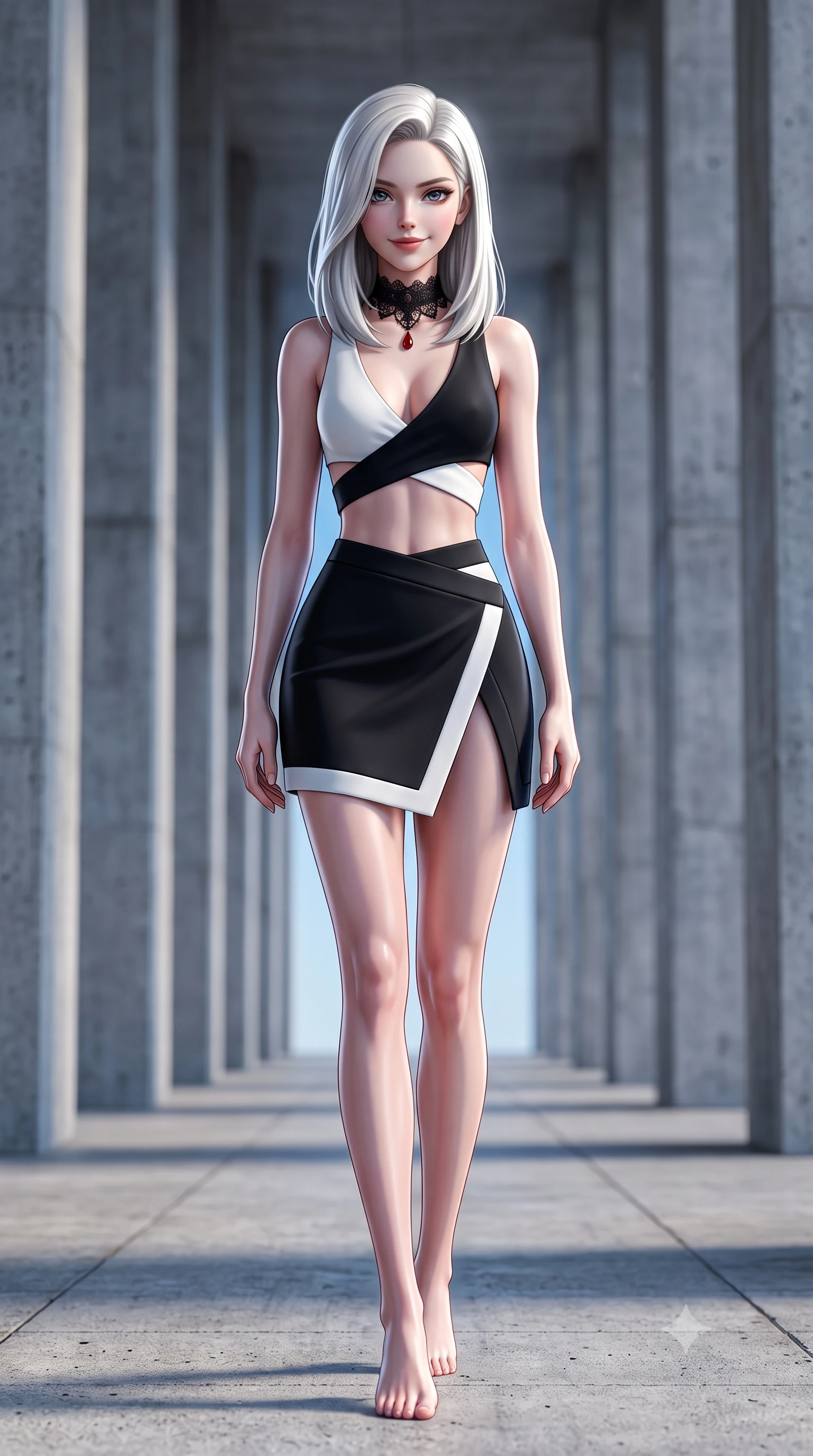 score_9, masterpiece, best quality, ultra-detailed, high-budget anime keyframe, semi-realistic 3D game render, editorial fashion photography, tasteful artistic composition, Caucasian woman. low angle full-body shot from head to toe showing her feet, filling the entire 9:16 vertical frame with her statuesque presence, stretching her vertical silhouette. reclining gracefully across the plush chaise lounge with one leg extended, her sculpted silhouette and flat midriff radiating magnetic nocturnal glamour while walking slowly down the grand concrete colonnade, hips swaying in an alluring kinetic rhythm that commands the sculptural perspective. The background shows a soft-focus colossal raw concrete pillars receding into geometric perspective and clear blue sky blurred into cool slate, bone, and sapphire bokeh. She has an absolutely perfect, statuesque 8.5-heads proportion, an exceptionally tall and slender model-like female figure with impossibly long slender legs, an ultra-slim waist, a flat toned midriff, narrow delicate ribcage, and beautifully sculpted feminine hips creating a graceful, slim hourglass silhouette without any bulky heaviness. sharp v-shaped jawline, high-bridge nose, sparkling eyes with hypnotic seductive depth, thick curled eyelashes, glossy parted lips with a natural dewy peach sheen, alluring bedroom-eyes with an enchanting coquettish smile, exuding magnetic siren charisma and sophisticated glamour, flawlessly proportioned anatomical accuracy, strict slender model proportions, natural body alignment, perfectly sculpted long slender limbs, ultra-slim waistline, clean dynamic posture without body distortion. wearing a high-waisted architectural wrap mini skirt with clean structural lines paired with a plunging criss-cross crop top in high-contrast minimalist monochrome black and pure alabaster white, tailored from fine structural neoprene with crisp architectural edges and smooth contouring, accented with an ornate black lace Victorian choker featuring a single blood-red teardrop garnet, the high-slit wrap tailoring accentuating her ultra-slim waistline and the enchanting curve of her feminine hips with alluring seductive charm. illuminated by concrete bounce fill and sharp platinum-white rim lights sculpting her jawline, flat midriff, and curvaceous hips. highly saturated vibrant anime colors, detailed shading with soft gradients, rich glossy textures, high-contrast stereoscopic depth, volumetric dynamic lighting, master piece, 9:16 ratio