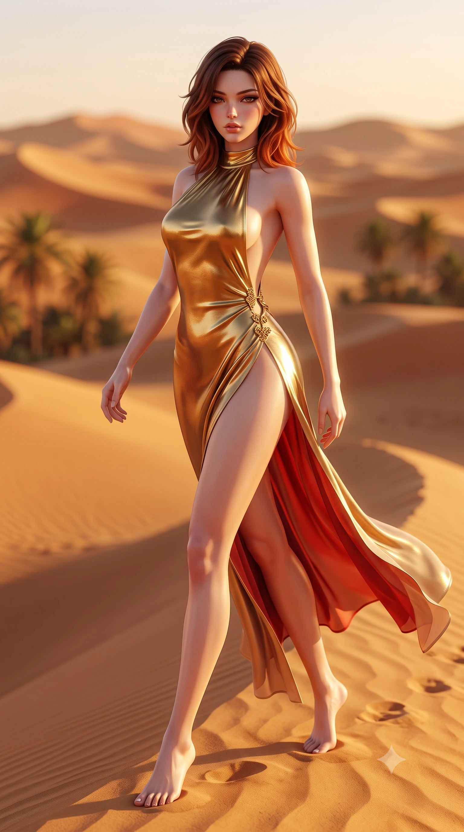score_9, masterpiece, best quality, ultra-detailed, high-budget anime keyframe, semi-realistic 3D game render, editorial fashion photography, tasteful artistic composition, Korean woman. low angle full-body shot from head to toe showing her feet, filling the entire 9:16 vertical frame with her statuesque presence, stretching her vertical silhouette. striding forward in a proud supermodel runway stride, hips swaying in an alluring kinetic rhythm that accentuates her curvy hourglass silhouette while striding along the ridge of the desert sands, hips swaying in an alluring kinetic rhythm as the crimson sun sinks beneath the horizon. The composition keeps background elements in soft focus with creamy bokeh. shifting golden sand dunes and distant oasis palm silhouettes blurred into molten amber, terracotta, and honey-gold bokeh. She has an absolutely perfect, statuesque 8.5-heads proportion, an exceptionally tall and slender model-like female figure with impossibly long slender legs, a toned flat midriff, an ultra-slim waist, and beautifully sculpted feminine hips. sharp v-shaped jawline, high-bridge nose, intricate jewel-like eyes with depth, thick eyelashes, glossy parted lips with a natural sheen, intensely captivating and seductive bedroom-eyes expression, flawlessly proportioned anatomical accuracy, strict slender model proportions, natural body alignment, perfectly sculpted long slender limbs, ultra-slim waistline, clean dynamic posture without body distortion. wearing a liquid-gold metallic halter gown with an open scooped back descending to her waist and an ultra-high hip slit in sunset crimson red and desert sand, woven from lightweight airy silk chiffon with a weightless sweeping drape, finished with a dramatic open back secured by golden filigree clasps, the dramatically scooped open back descending to the base of her spine, accentuating her razor-sharp statuesque lines and curvy hourglass silhouette. surrounded by an exotic, sovereign, and breathlessly captivating desert mirage queen aura. highly saturated vibrant anime colors, detailed shading with soft gradients, rich glossy textures, high-contrast stereoscopic depth, volumetric dynamic lighting, master piece, 9:16 ratio
