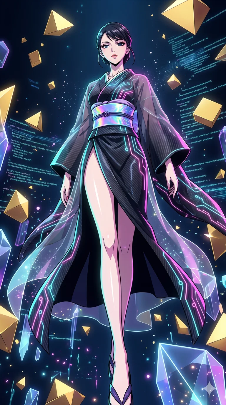 score_9, masterpiece, best quality, ultra-detailed, High-budget Anime Keyframe, vibrant colors, fluid line-art, expressive lighting, cinematic composition, Ufotable-style visual effects, top-tier animation quality, Japanese woman with delicate and elegant anime-inspired features. Dramatic low angle looking up at her majestic stature, dominating the vertical space of the composition. Navigating a surreal sea of floating geometric shapes and crystalline structures within a digital void, the environment reacting to her presence. She has an absolutely perfect 8-heads proportion, an exceptionally tall and slender female figure with impossibly long slender legs and an ultra-slim waist, her statuesque height and towering silhouette dominating the vertical 9:16 frame. Her face is a masterpiece featuring a sharp v-shaped jawline, high-bridge nose, intricate jewel-like eyes with depth, thick eyelashes, and glossy lips with a natural sheen. She is wearing a High-slit tech-kimono with holographic obi and integrated neon-lit circuitry patterns crafted from Carbon-fiber weave with a high-tech matte finish and integrated glowing filaments, with sheer fabric transparency over her delicate curves and a high-cut silhouette. The scene is set in an abstract digital void with floating golden geometric shapes and rivers of flowing code, illuminated by harsh neon light and deep shadows creating a high-contrast noir aesthetic. 2k, ultra detail, master piece, 9:16 ratio