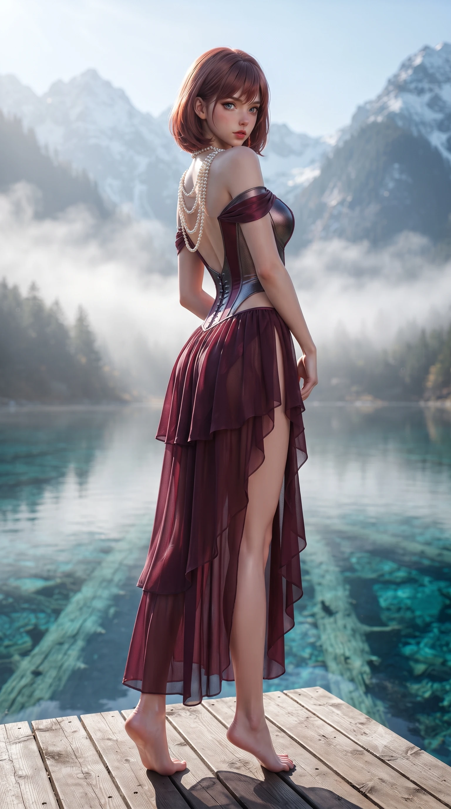 score_9, masterpiece, best quality, ultra-detailed, high-budget anime keyframe, editorial fashion photography, tasteful artistic composition, Caucasian woman. low angle full-body shot from head to toe showing her feet, filling the entire 9:16 vertical frame with her statuesque presence, stretching her vertical silhouette. posing with back turned slightly to the lens, glancing back with smoldering allure as she arches her lower back to emphasize her sculpted feminine hips and slender waist while standing on the wooden lake viewing pier, arching her back as ancient submerged tree trunks lie crystal-clear through multi-hued cyan waters. The composition keeps background elements in soft focus with creamy bokeh. rising morning mist ribbons and snow-dusted Tibetan peaks softened in mystical shallow focus. She has an exceptionally tall and slender model-like 8.5-heads proportion, an ultra-slim waist, a flat toned midriff, narrow delicate ribcage, and beautifully sculpted feminine hips creating a graceful, slim hourglass silhouette without any bulky heaviness, with impossibly long slender legs. sharp v-shaped jawline, high-bridge nose, intricate jewel-like eyes with depth, thick eyelashes, glossy parted lips with a natural sheen, intensely captivating and seductive bedroom-eyes expression, flawlessly proportioned anatomical accuracy, strict slender model proportions, natural body alignment, perfectly sculpted long slender limbs, ultra-slim waistline, clean dynamic posture without body distortion. wearing an off-shoulder French court corset bodice dress paired with a tiered translucent chiffon slit skirt in deep wine burgundy and brushed dark platinum, crafted from luxurious metallic lamé that shifts radiance with every step, accented with a multi-strand pearl back necklace cascading down her bare spine to her hips, the precision-cut side openings and low-back scoop framing her graceful spine and the sensual sweep of her slim, toned hips. bathed in pristine early morning alpine sunlight cutting through rising lake mist. ultra-reflective glossy finish, specular highlights, rich textural contrasts, high-contrast stereoscopic depth, volumetric dynamic lighting, 2k, ultra detail, master piece, 9:16 ratio