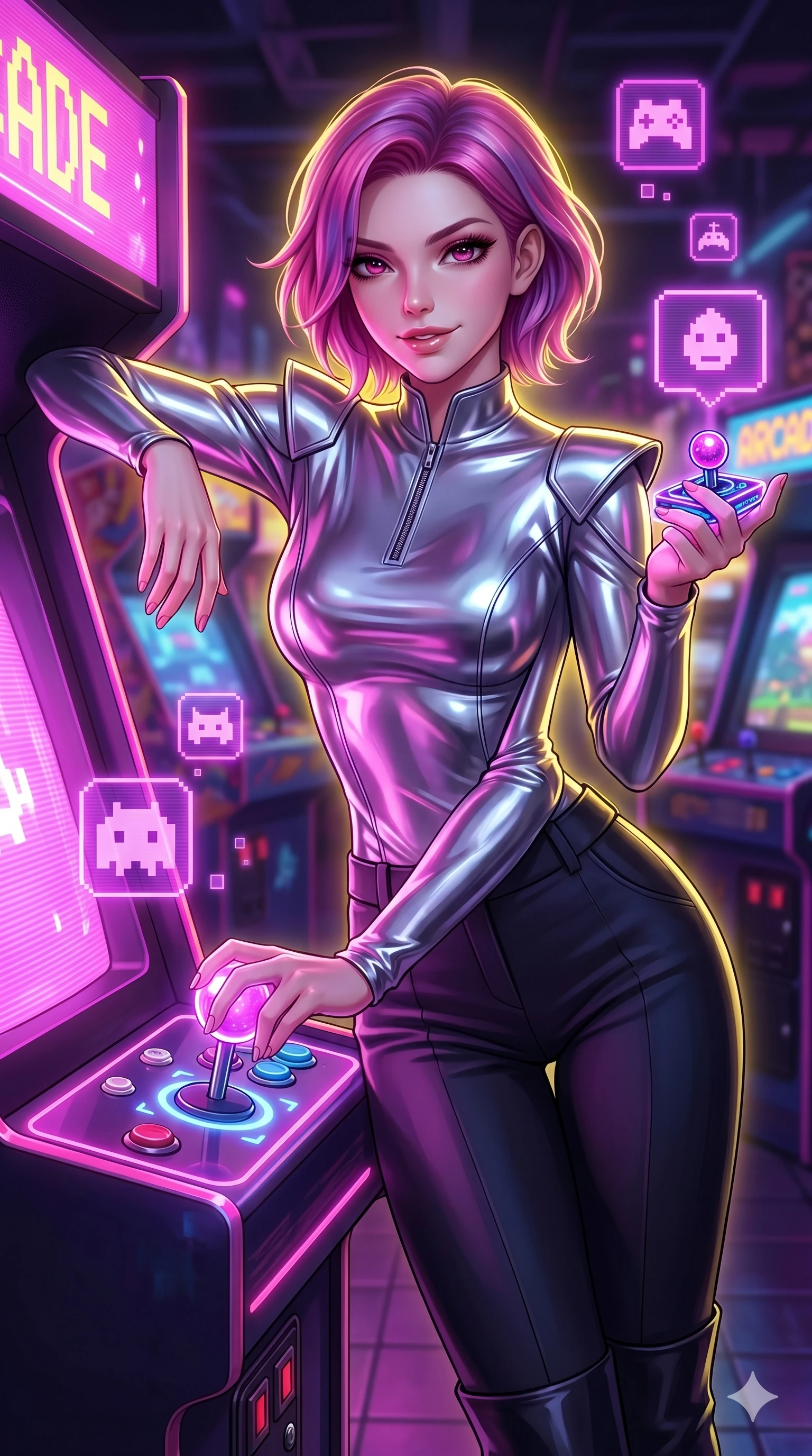 score_9, masterpiece, best quality, ultra-detailed, high-budget anime keyframe, semi-realistic 3D game render, Caucasian woman, strictly human ears. Upper body close-up from the thighs up, character filling the screen for maximum presence. She is leaning back against a glowing retro arcade cabinet, surrounded by floating pixelated neon icons. She holds a glowing joystick with a teasing, commanding smile. She has an absolutely perfect 8-heads proportion, a tall and elegant figure with a refined silhouette and a defined waistline. V-shaped jawline, high-bridge nose, intricate jewel-like eyes with depth, thick eyelashes, glossy lips with a natural sheen. She is wearing a sleek tailored top in liquid-chrome finish that complements her silhouette, styled with sophisticated architectural shoulder accents and a modern zip collar. The scene is illuminated by bright pink and violet neon screen glare and a sharp yellow ambient rim light. 2k, ultra detail, master piece, 9:16 ratio