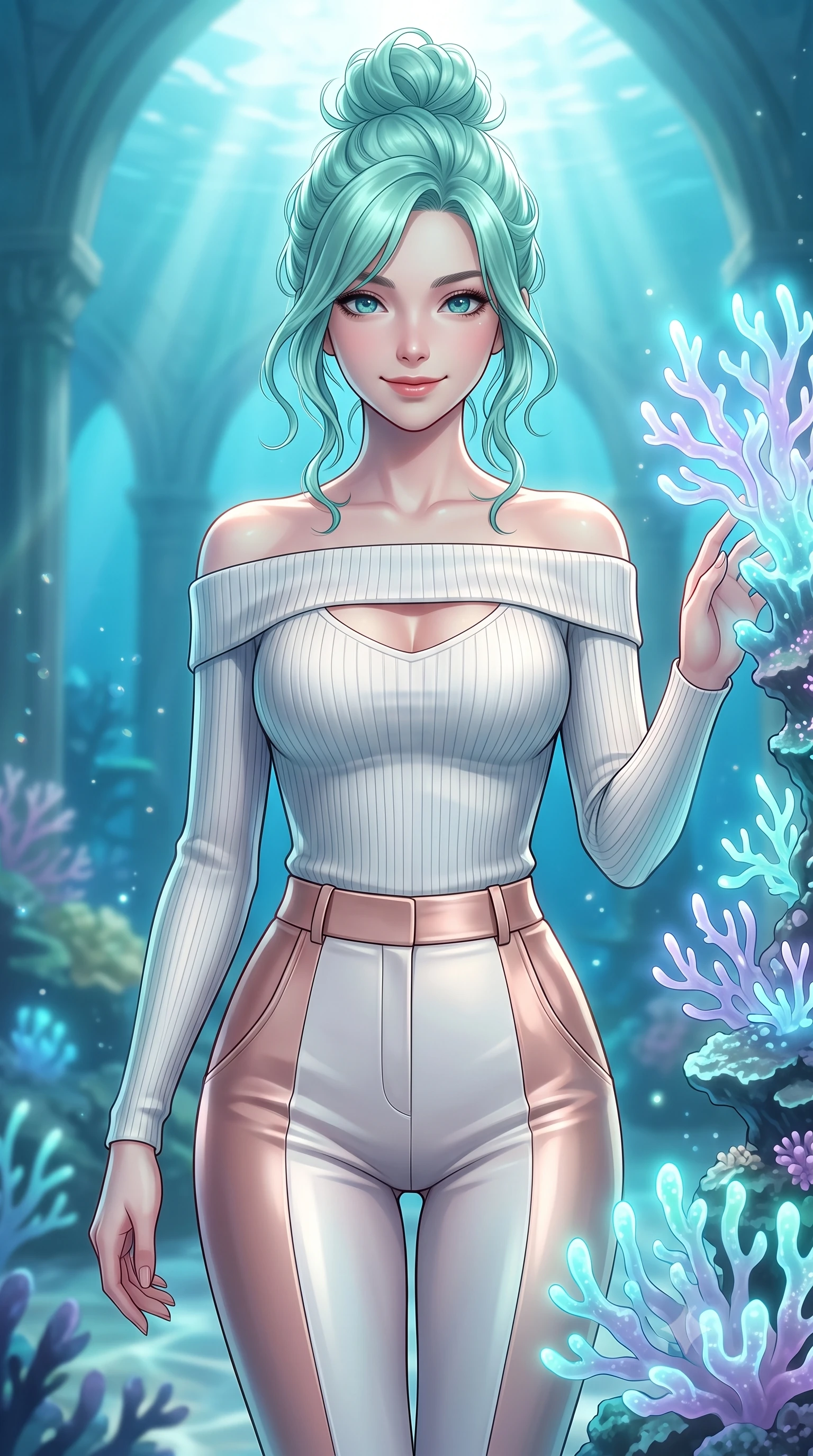 score_9, masterpiece, best quality, ultra-detailed, high-budget anime keyframe, editorial fashion photography, tasteful artistic composition, Japanese woman. close-up cowboy shot from the waist and thighs up, the character dominates the composition, filling the frame with her large presence, background elements kept in soft focus. Smiling with quiet, magnetic self-assurance directly into the lens touching a bioluminescent coral spire in a sun-drenched underwater cathedral, glowing coral blossoms emitting soft aqua and lavender light. She has an exceptionally elegant, slender, and willowy female figure with an ultra-slim waist, a gracefully sculpted slender torso, and a refined silhouette. sharp v-shaped jawline, high-bridge nose, intricate jewel-like eyes with depth, thick eyelashes, glossy lips with a natural sheen. wearing a sleek off-shoulder ribbed knit top paired with high-waist tailored pants in pearl white and rose gold, formed from sleek second-skin neoprene, accented with a Tasteful chest slit framing her clavicle gracefully, the sleek second-skin texture accentuating her magnetic presence. lit by clear sun-drenched sea light with soft ethereal shadows. highly saturated vibrant anime colors, detailed shading with soft gradients, rich glossy textures, high-contrast stereoscopic depth, volumetric dynamic lighting, master piece, 9:16 ratio