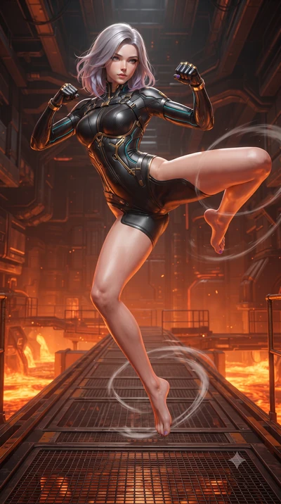 score_9, masterpiece, best quality, ultra-detailed, high-budget anime keyframe, editorial fashion photography, tasteful artistic composition, Caucasian woman. low angle full-body shot from head to toe showing her feet, filling the entire 9:16 vertica