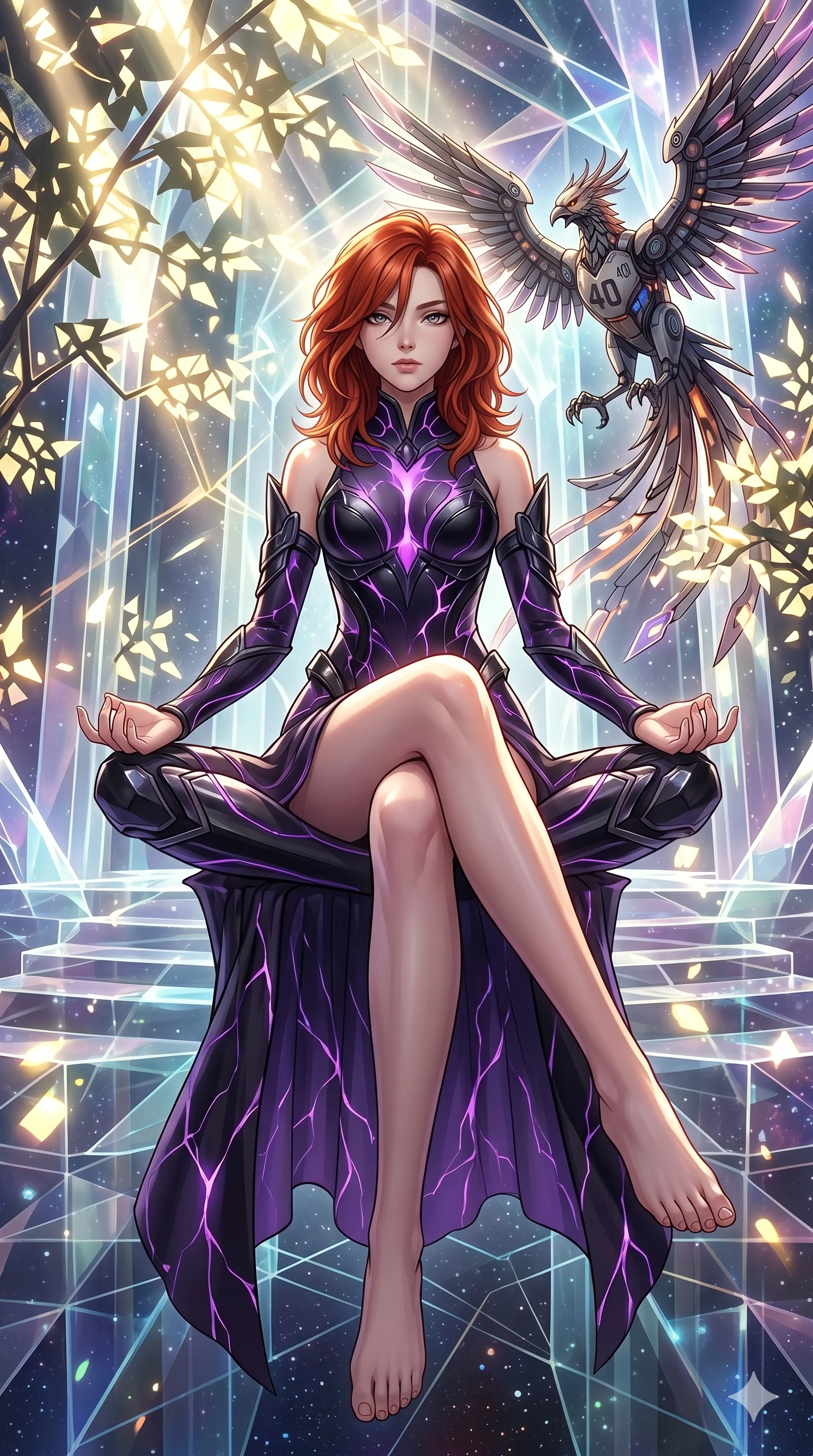 score_9, masterpiece, best quality, ultra-detailed, Set A: High-budget Anime Keyframe, Japanese woman. Low angle cowboy shot filling the entire 9:16 frame with her statuesque presence. Theme: Abstract Cosmic. meditating in a temple made of solid light, while a mechanical phoenix rises in the background marked 40. The atmosphere is filled with cinematic sunlight through leaves. She has an absolutely perfect 8-heads proportion, an exceptionally tall and slender female figure with impossibly long slender legs and an ultra-slim waist. Sharp v-shaped jawline, high-bridge nose, intricate jewel-like eyes with depth, glossy lips. Wearing Void-walker shadow-fabric dress with violet energy cracks and obsidian accessories. Cinematic lighting, vivid colors, dramatic shadows, 2k, ultra detail, master piece, 9:16 ratio